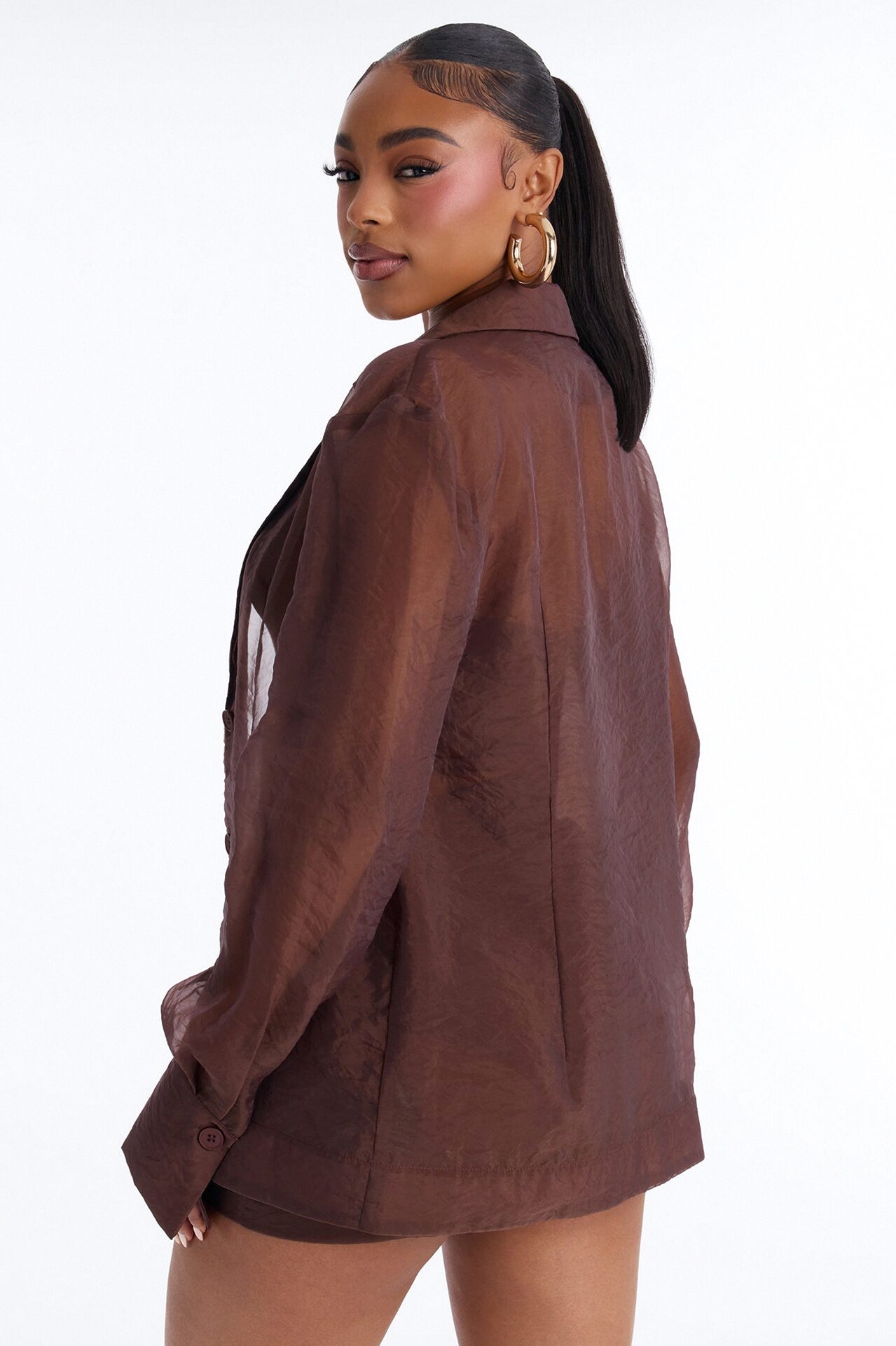 Zaran Sheer Blazer Short Set - Chocolate