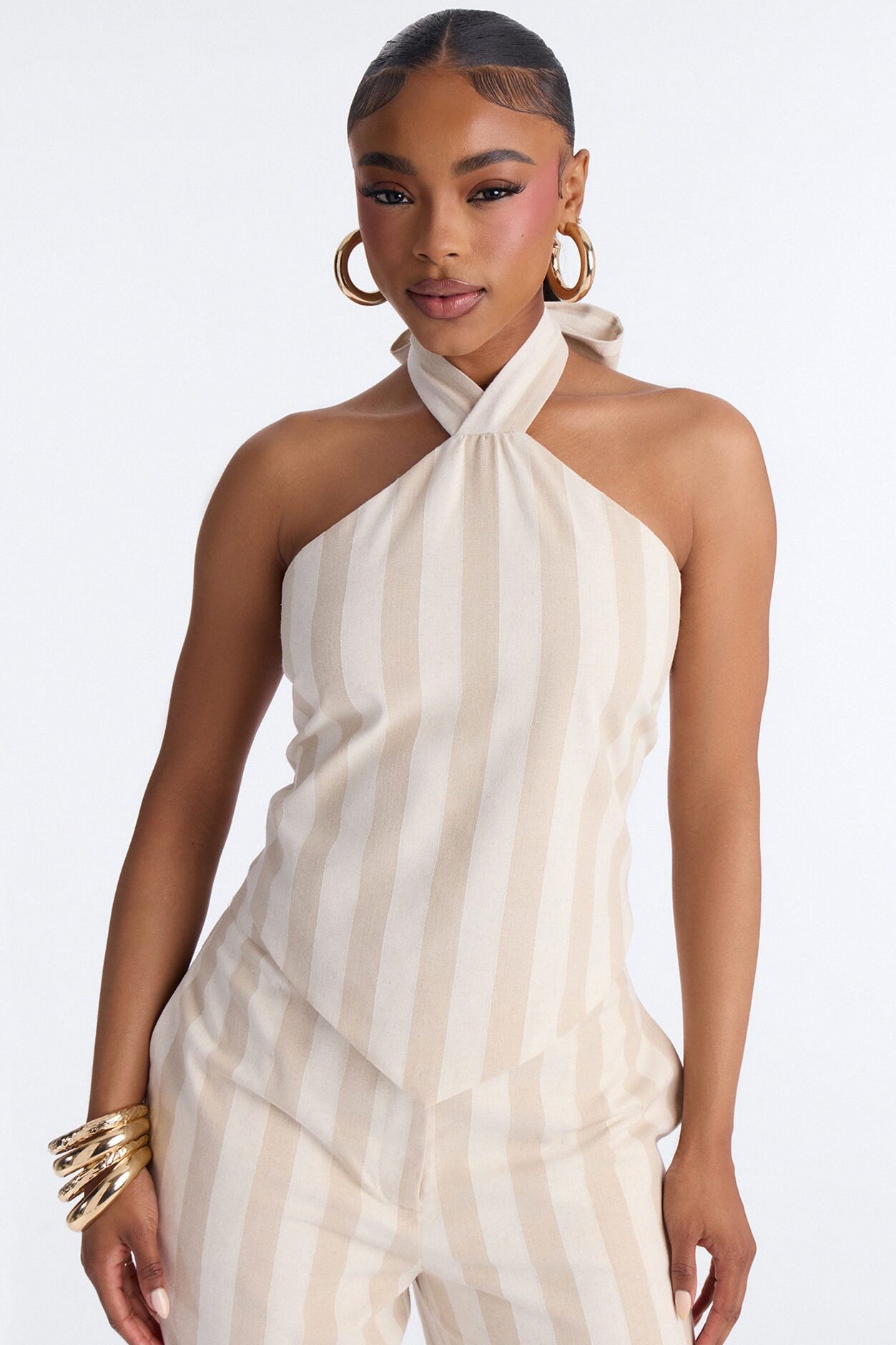 Cruise Attire Striped Linen Halter Top - Taupe/combo