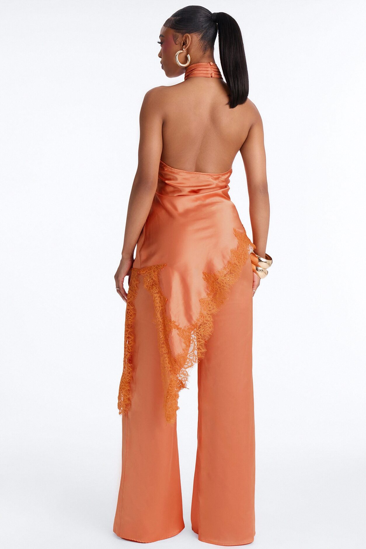 Angela Satin Lace Trim Pant Set - Orange