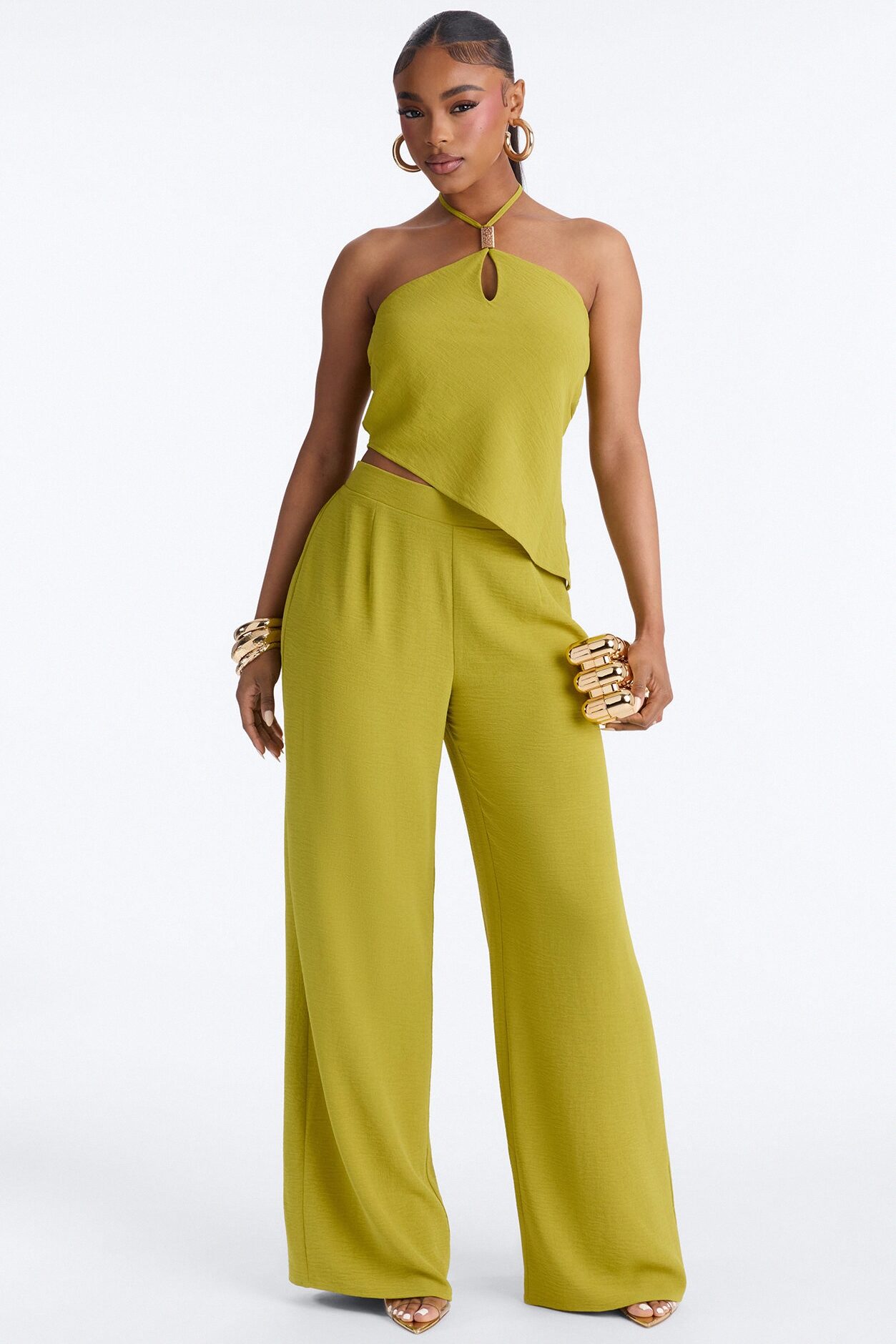 Jessica Hardware Halter Pant Set - Chartreuse