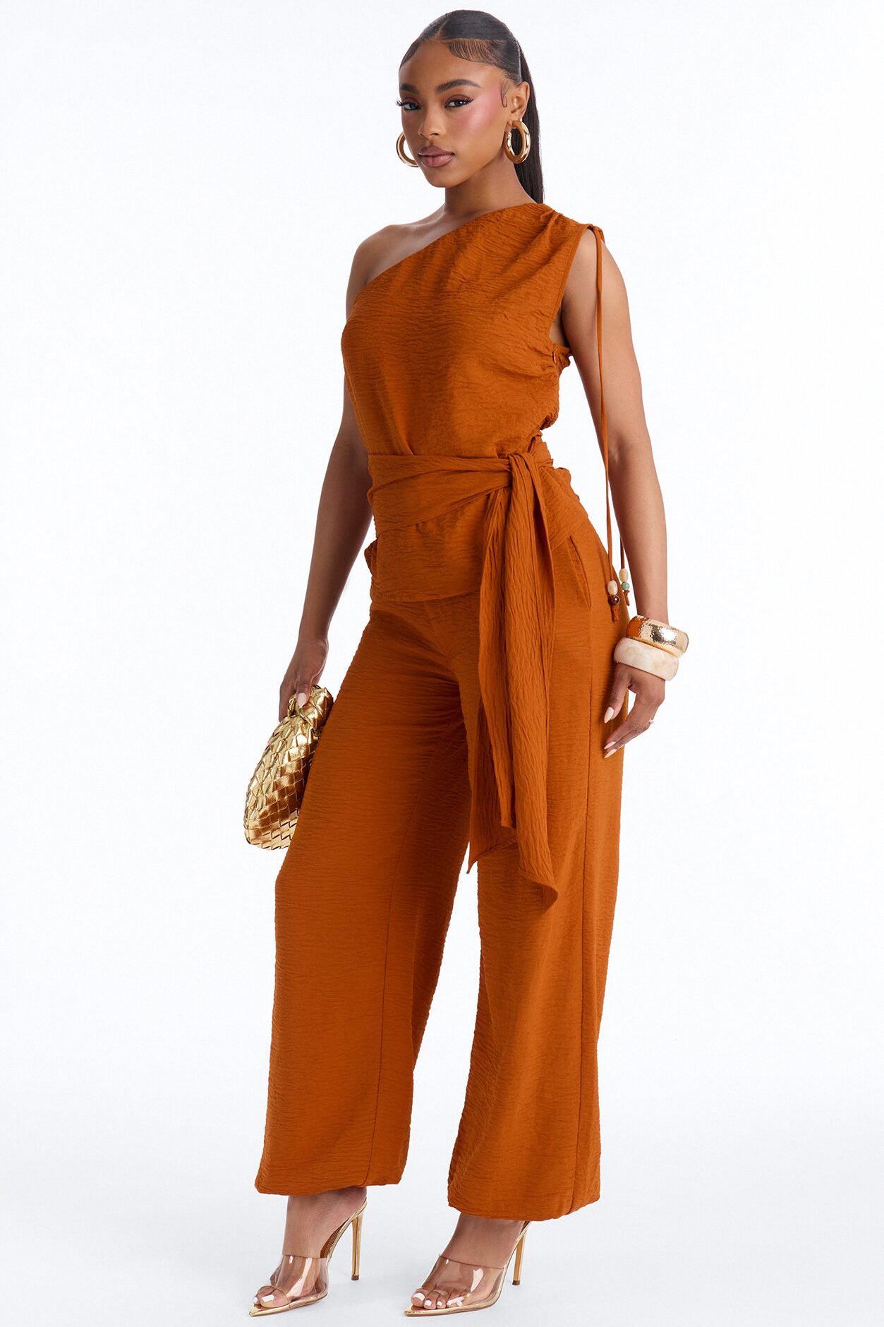 Willow One Shoulder Balloon Pant Set - Rust