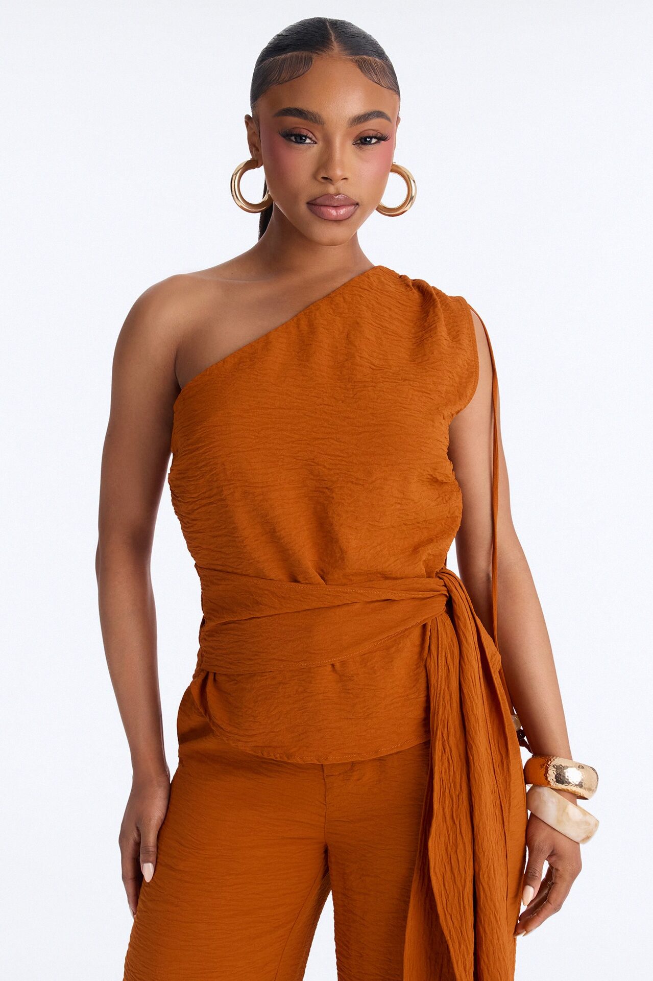 Willow One Shoulder Balloon Pant Set - Rust