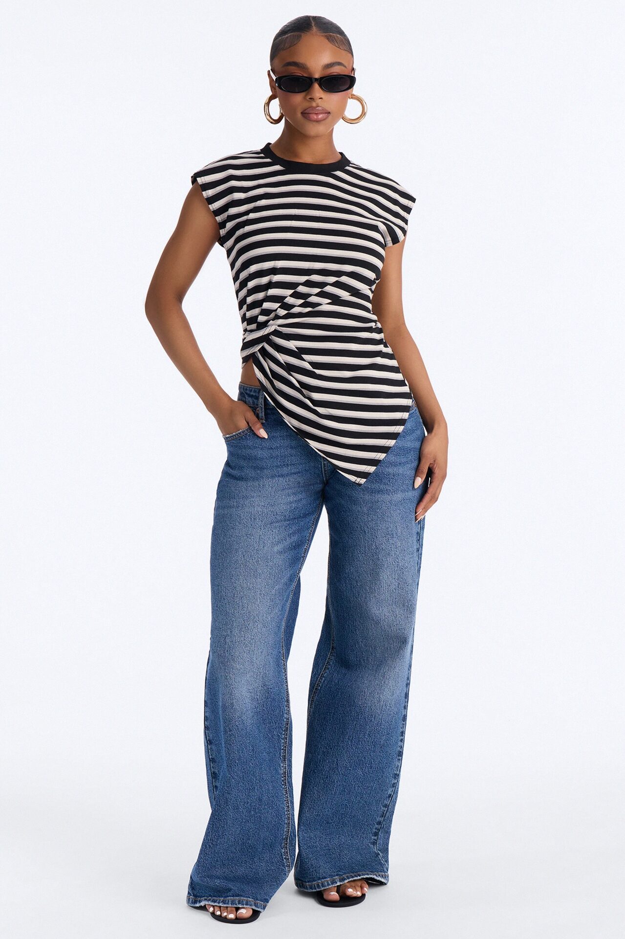 Malia Striped Asymmetrical Ruched Short Sleeve Top - Black/Grey