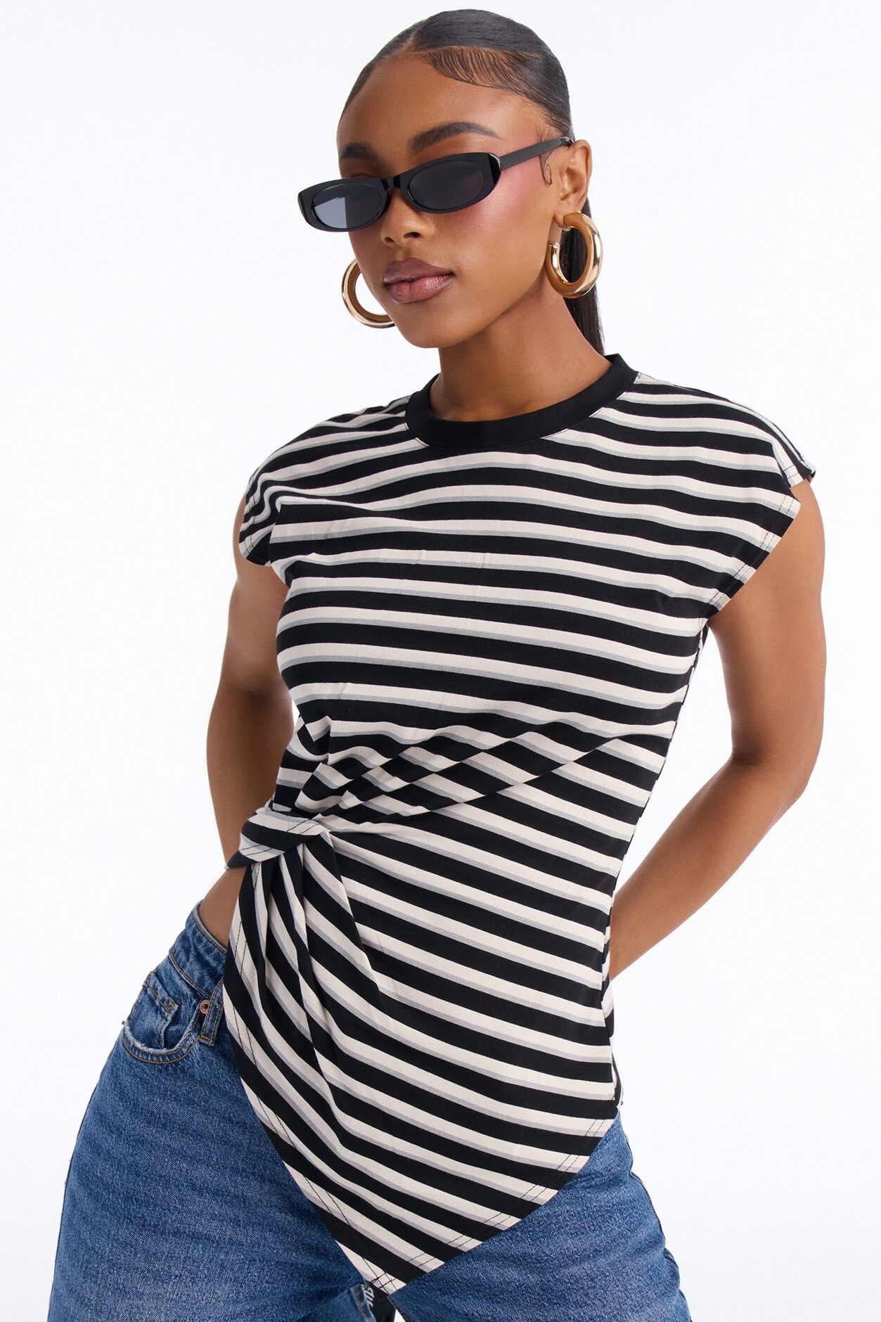 Malia Striped Asymmetrical Ruched Short Sleeve Top - Black/Grey