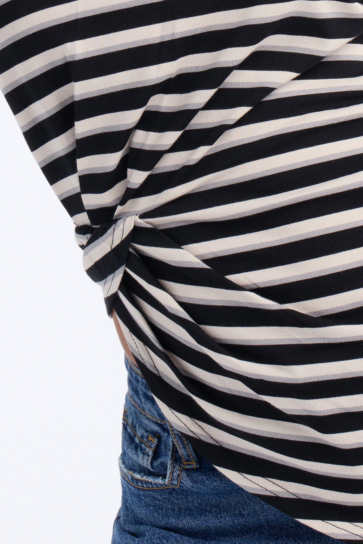 Malia Striped Asymmetrical Ruched Short Sleeve Top - Black/Grey