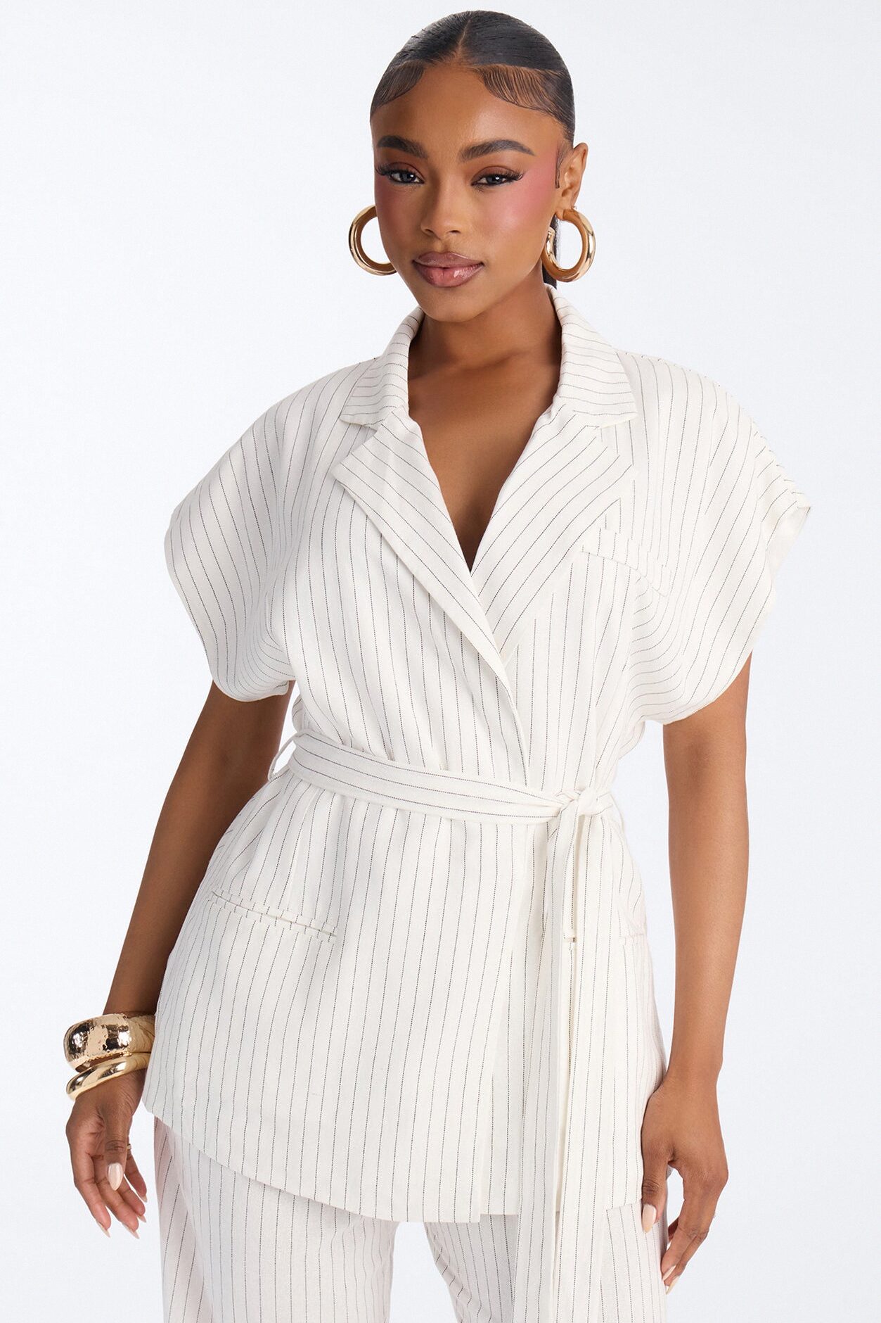 Juno Pinstripe Short Sleeve Tie Waist Linen Blazer - Ivory/combo