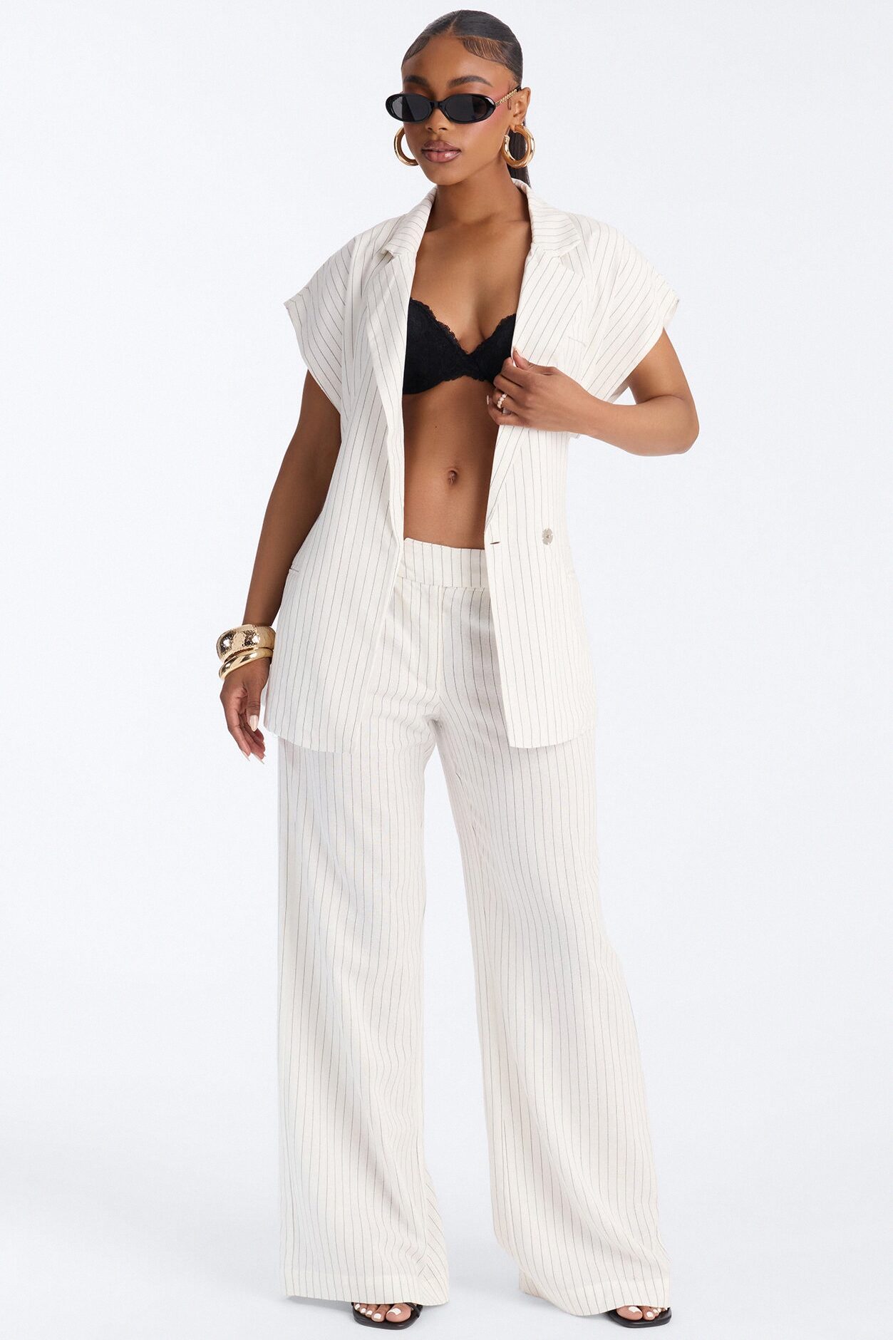 Juno Pinstripe Wide Leg Linen Trouser Pant - Ivory/combo