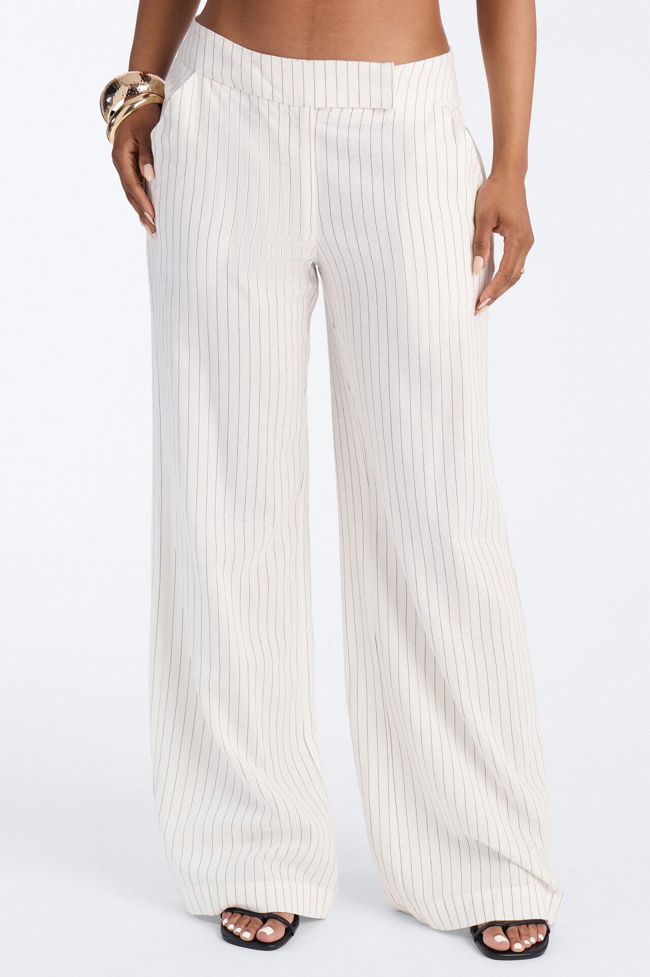 Juno Pinstripe Wide Leg Linen Trouser Pant - Ivory/combo