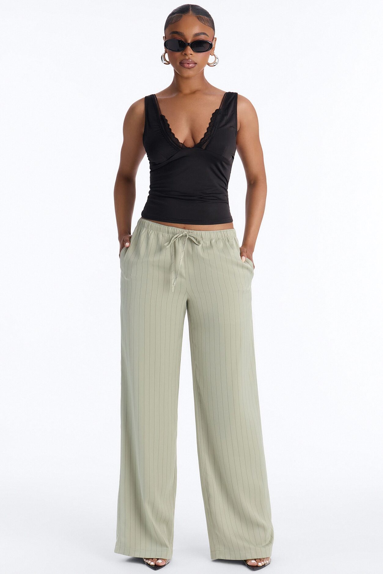 Lulu Pinstripe Satin Wide Leg Pant 32″ - Olive