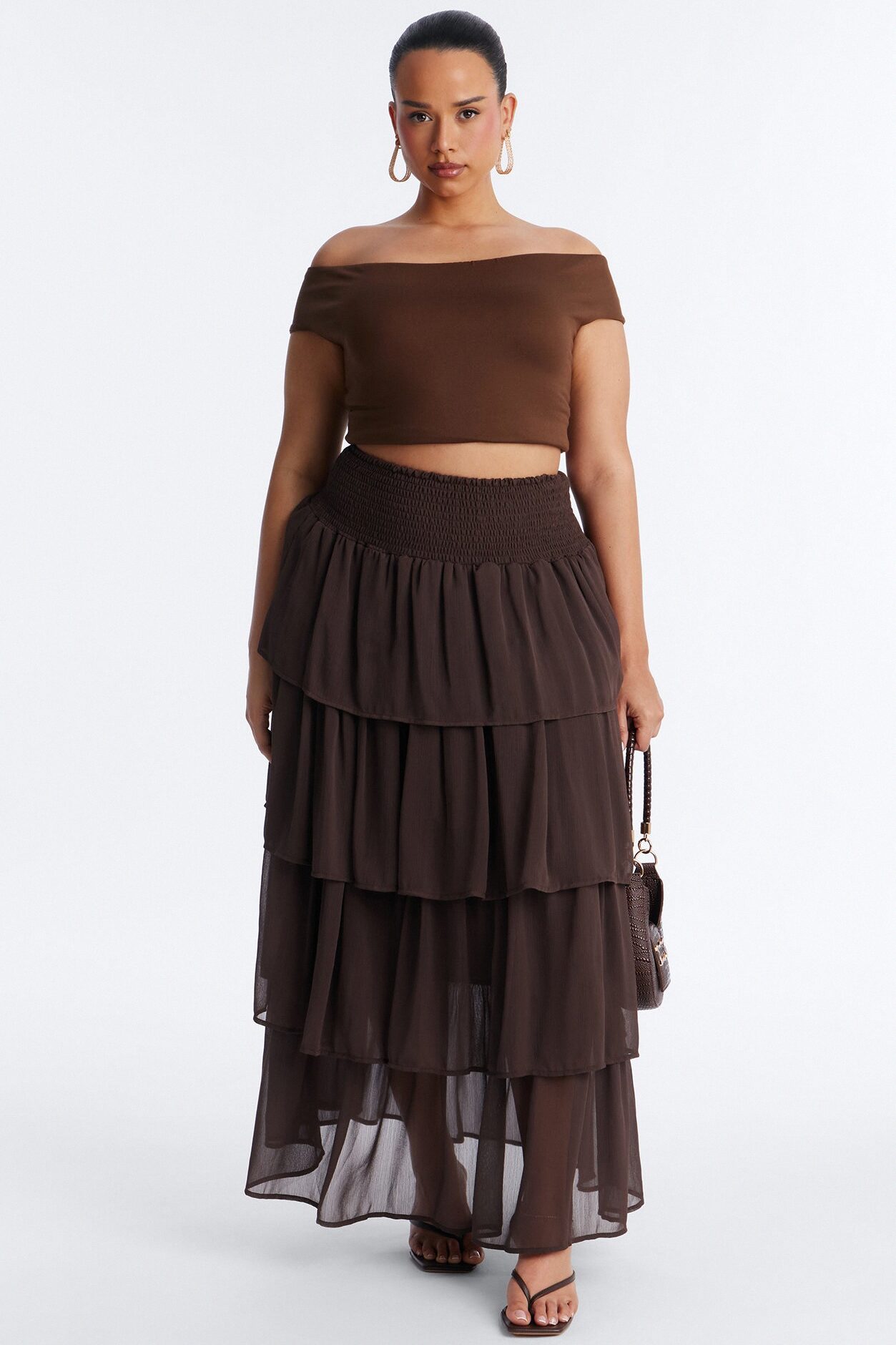 Bohemian Goddess Chiffon Tiered Ruffle Maxi 40″ - Chocolate