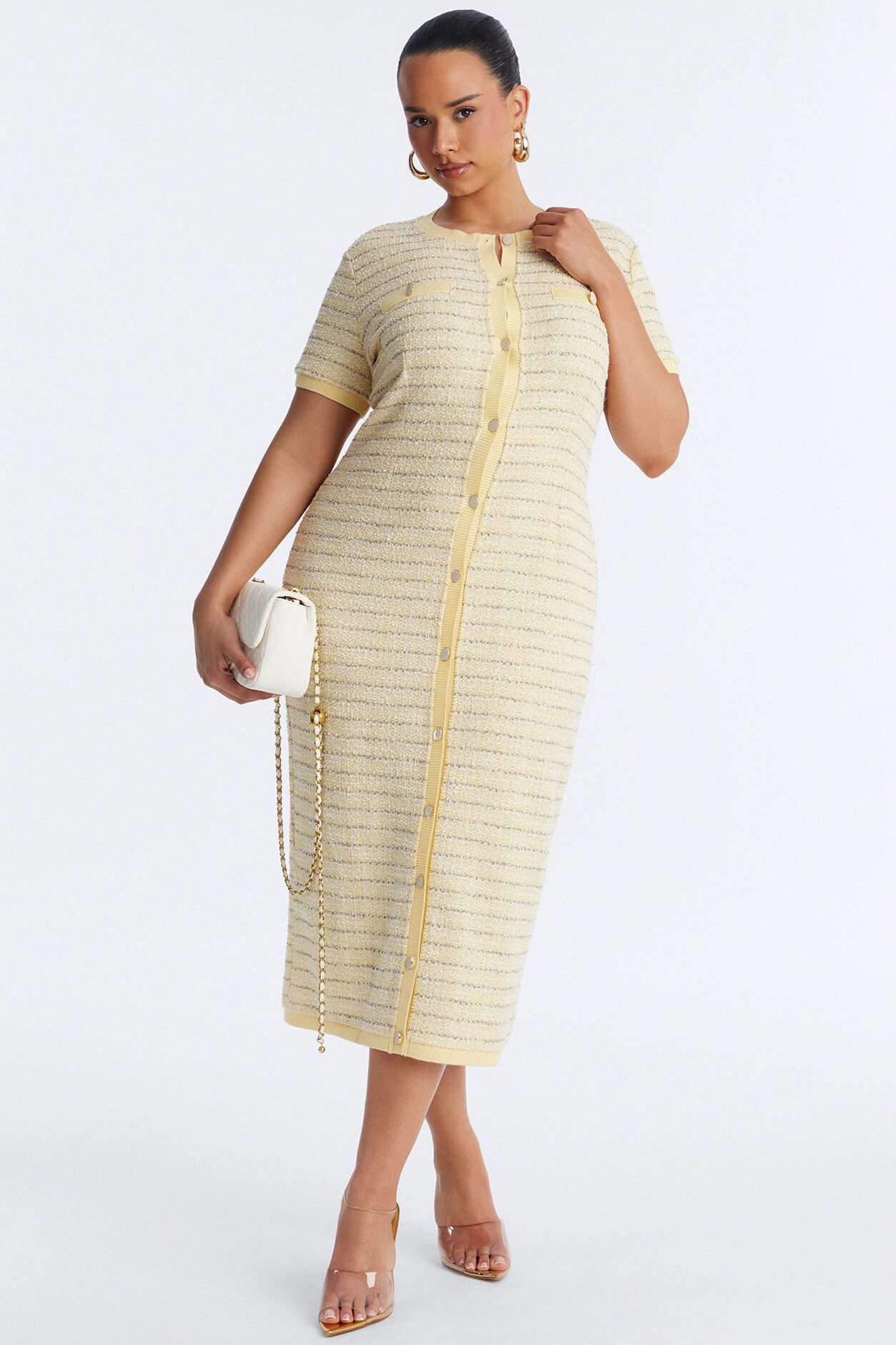 Kelsey Button Up Tweed Midi Dress - Yellow