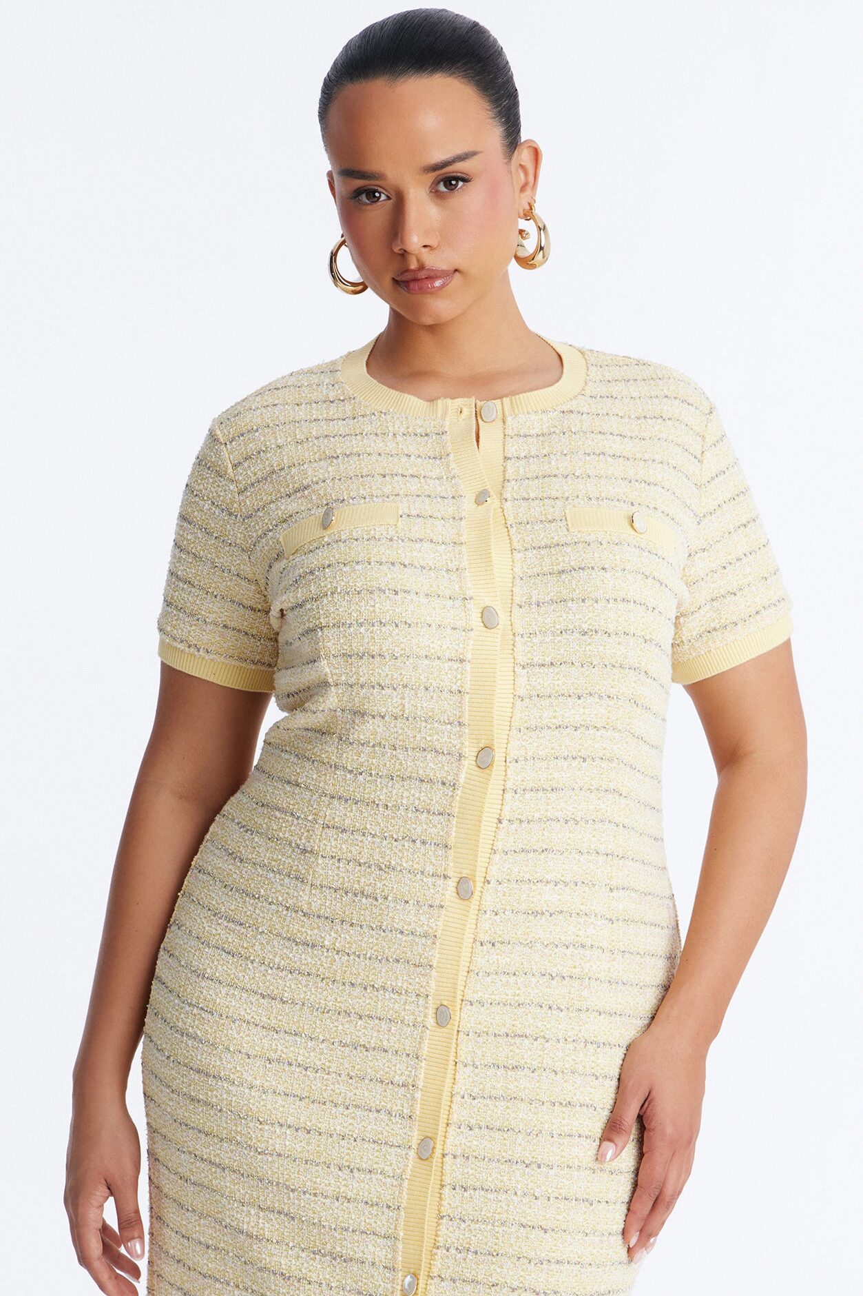 Kelsey Button Up Tweed Midi Dress - Yellow