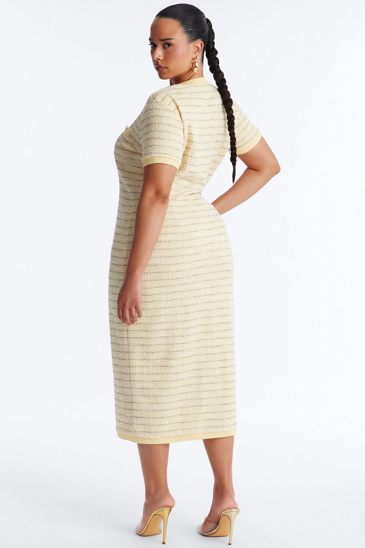 Kelsey Button Up Tweed Midi Dress - Yellow