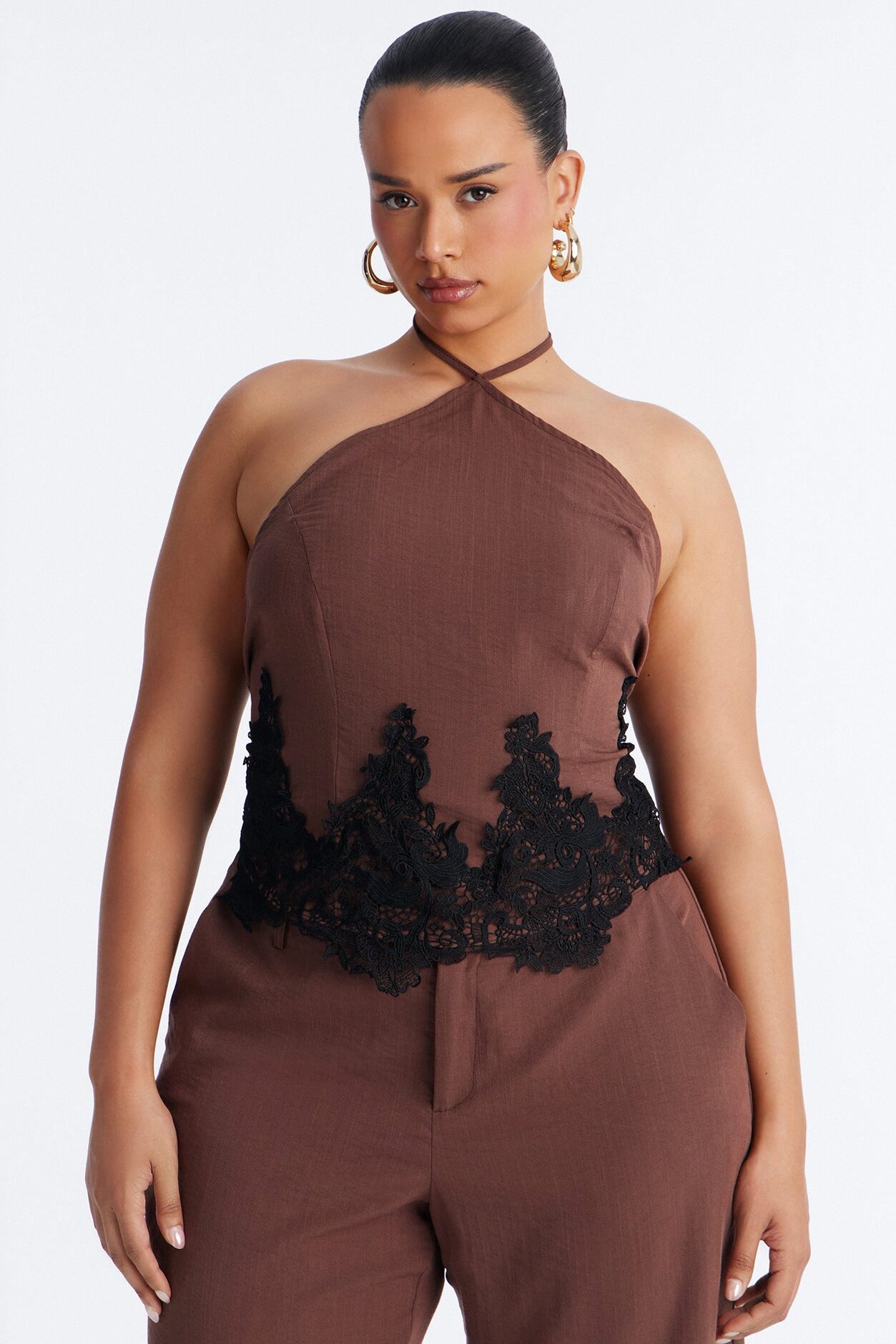 Mindy Halter Lace Trim Linen Pant Set - Brown
