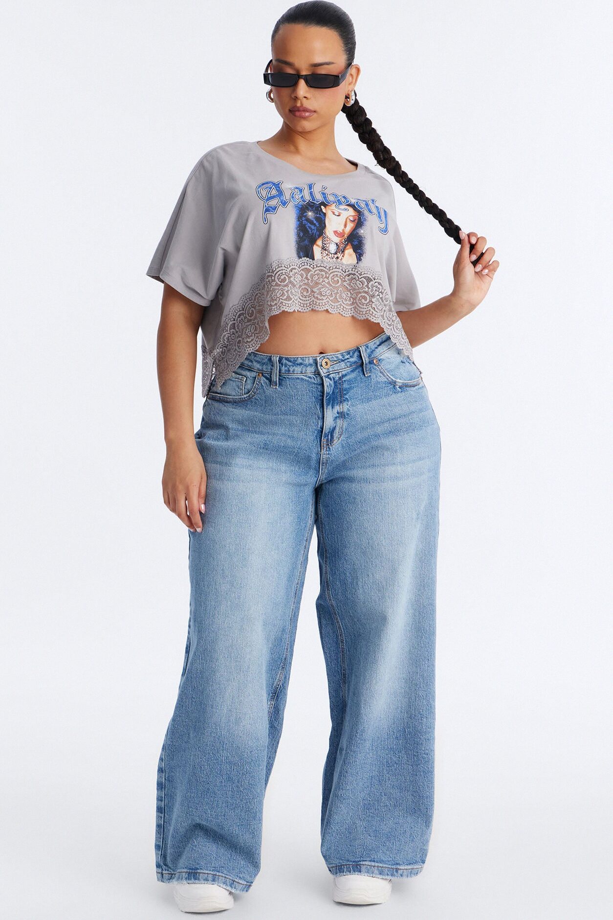 Aaliyah Cropped Lace Bottom Tee - Grey