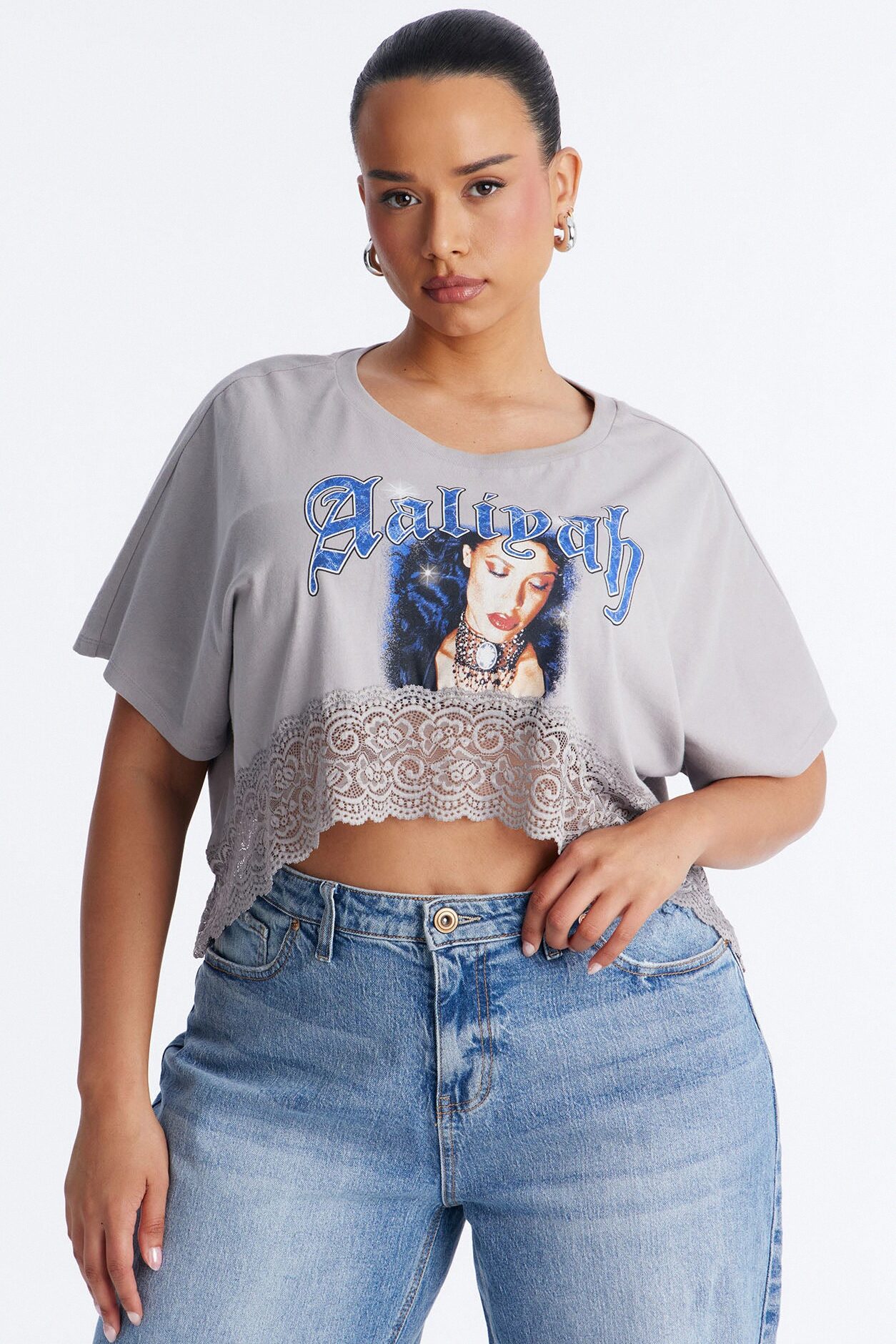 Aaliyah Cropped Lace Bottom Tee - Grey