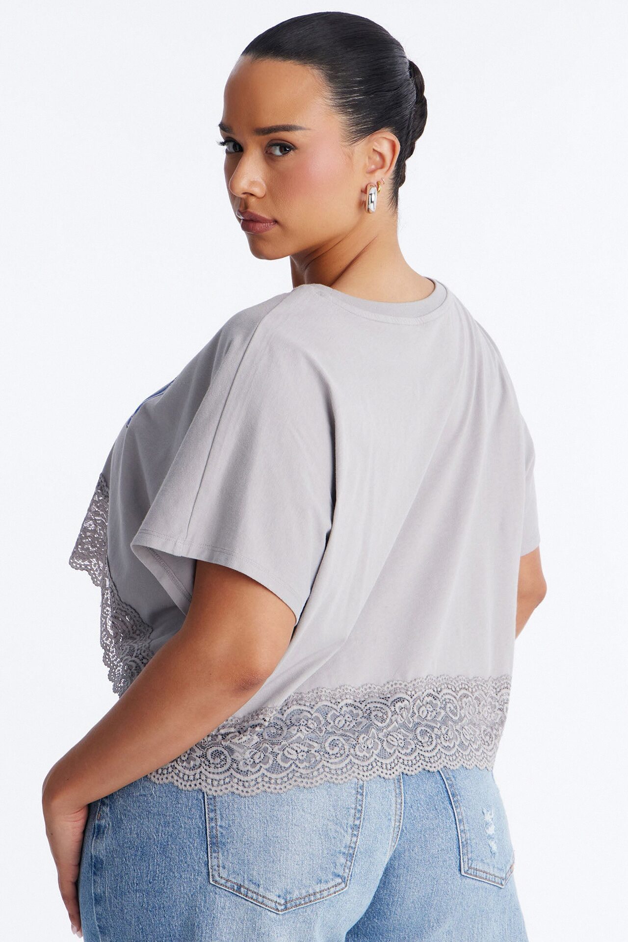 Aaliyah Cropped Lace Bottom Tee - Grey