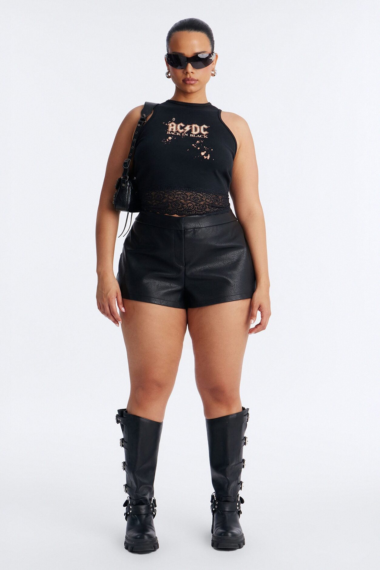 ACDC Cropped Muscle Tank With Lace Trim - Black