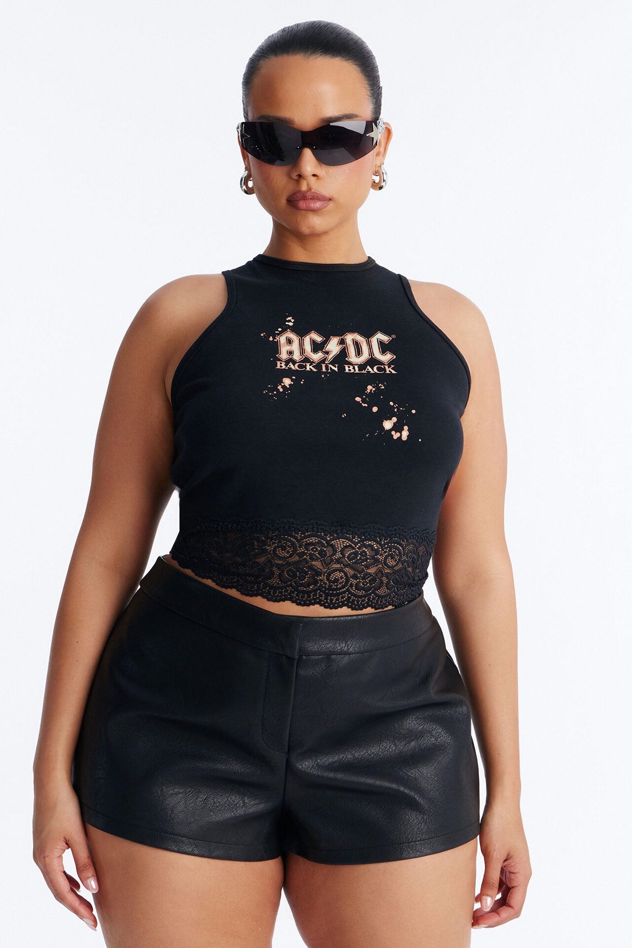 ACDC Cropped Muscle Tank With Lace Trim - Black