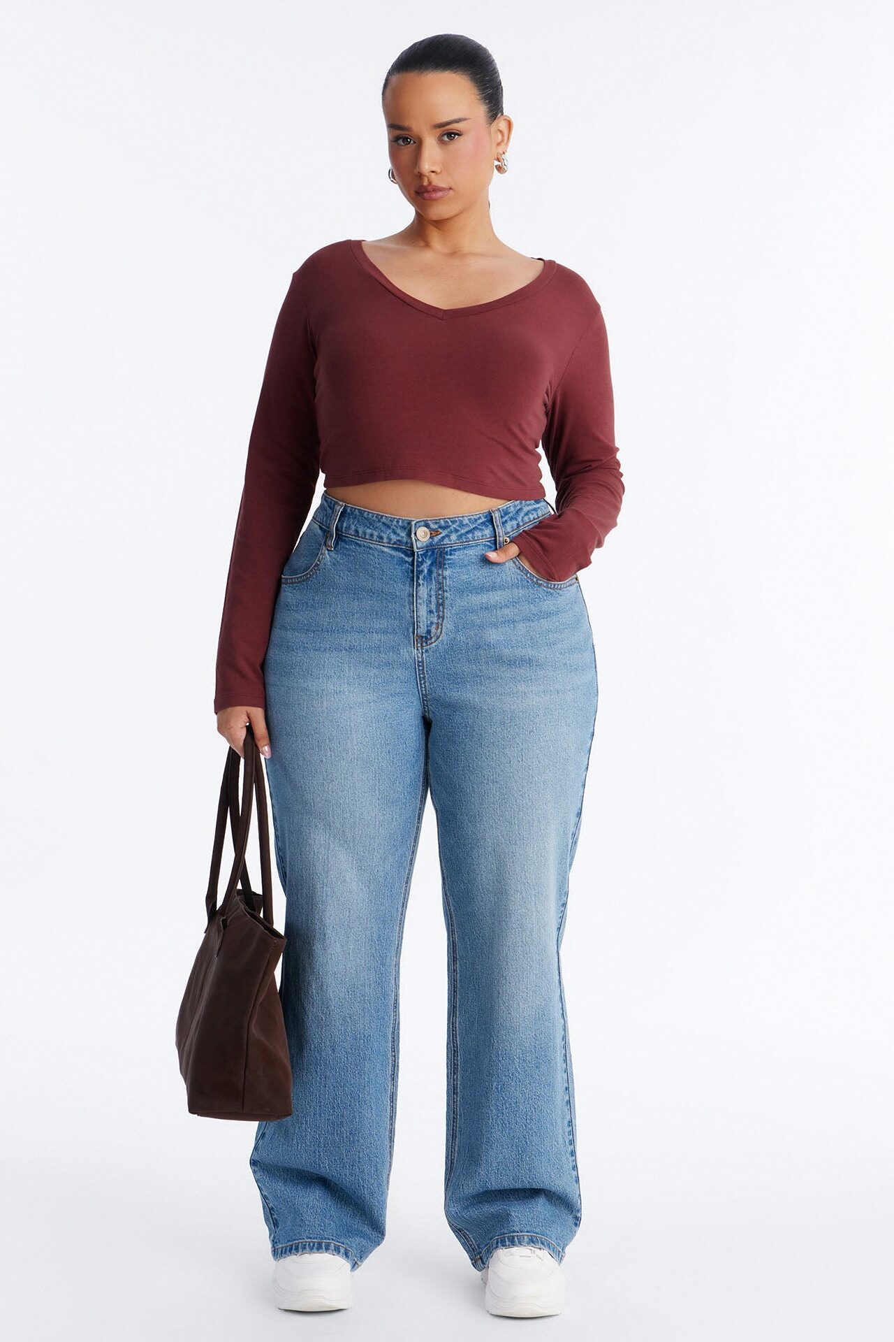 Carly V Neck Crop Long Sleeve Tee - Wine