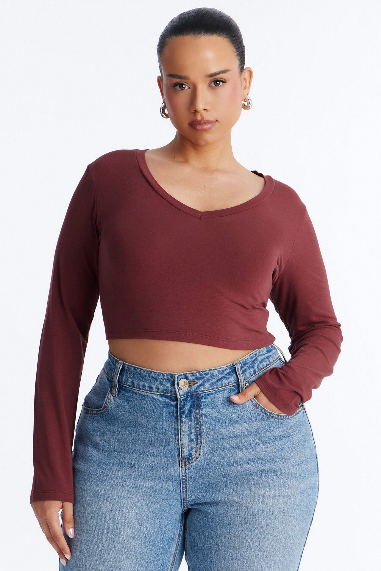 Carly V Neck Crop Long Sleeve Tee - Wine