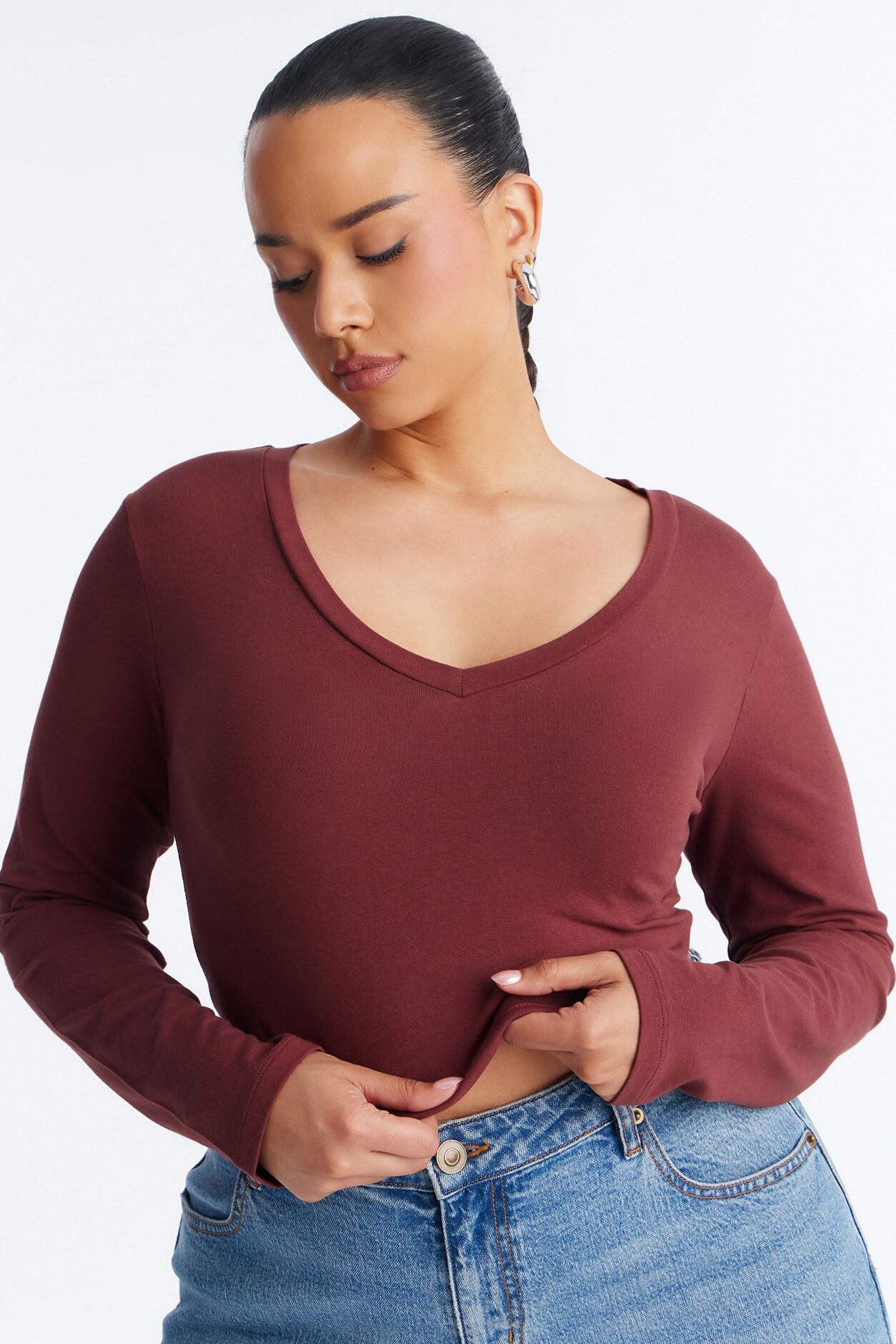 Carly V Neck Crop Long Sleeve Tee - Wine