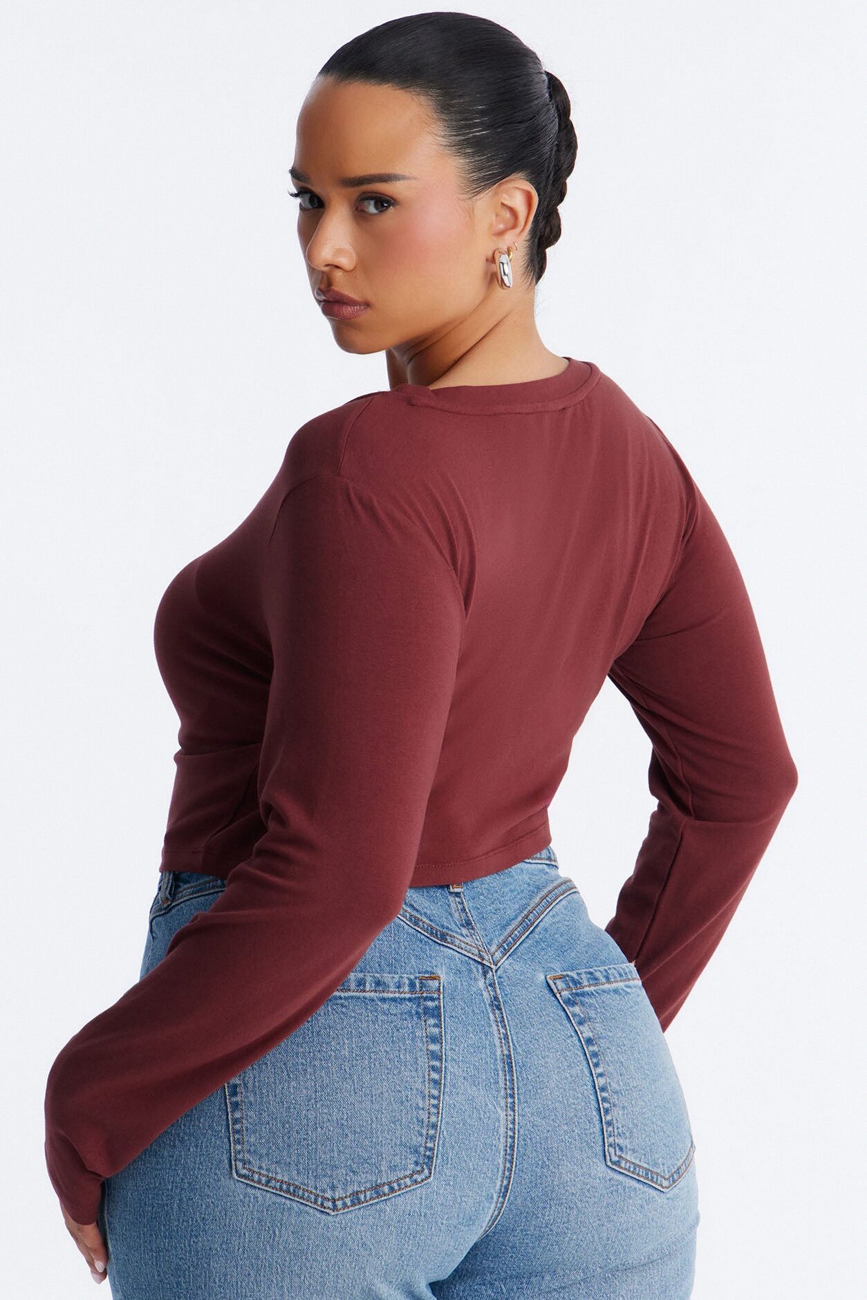 Carly V Neck Crop Long Sleeve Tee - Wine