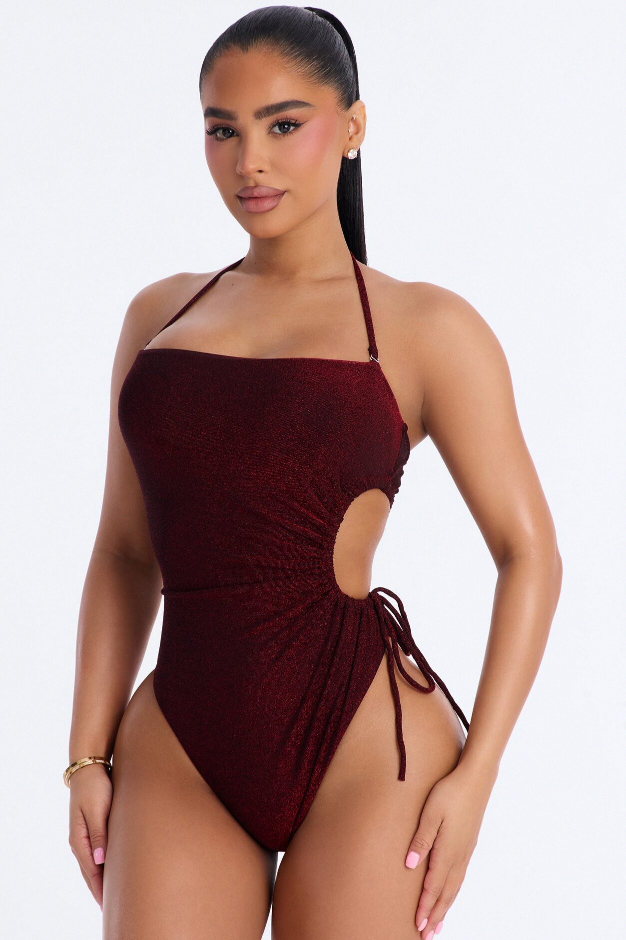 Sunny Days And Waves Glitter Cut Out Ruched 1 Piece Swimsuit - Burgundy