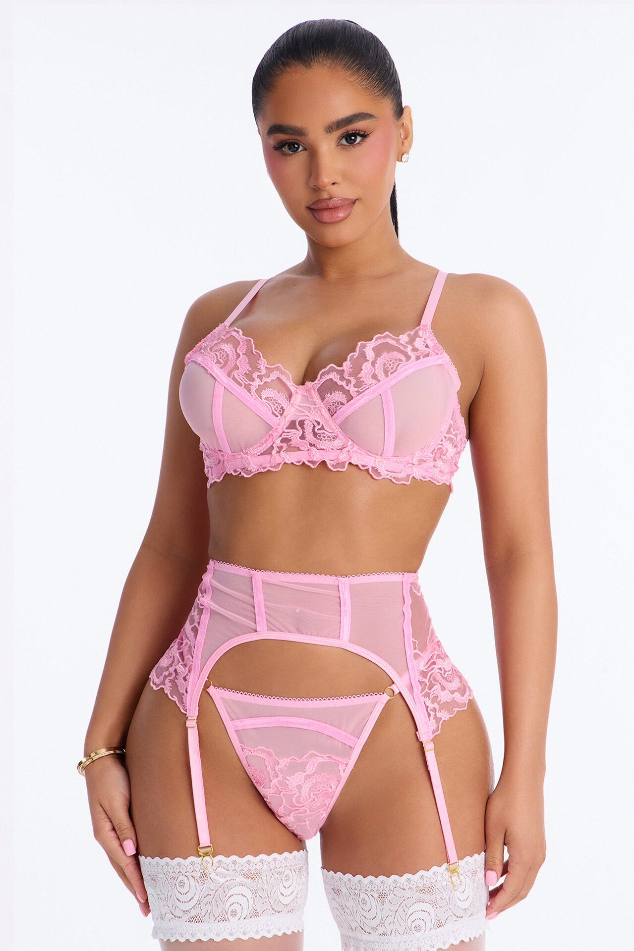 Lyndsey 3 Piece Mesh Embroidered Bra And Panty Garter Set - Pink/combo