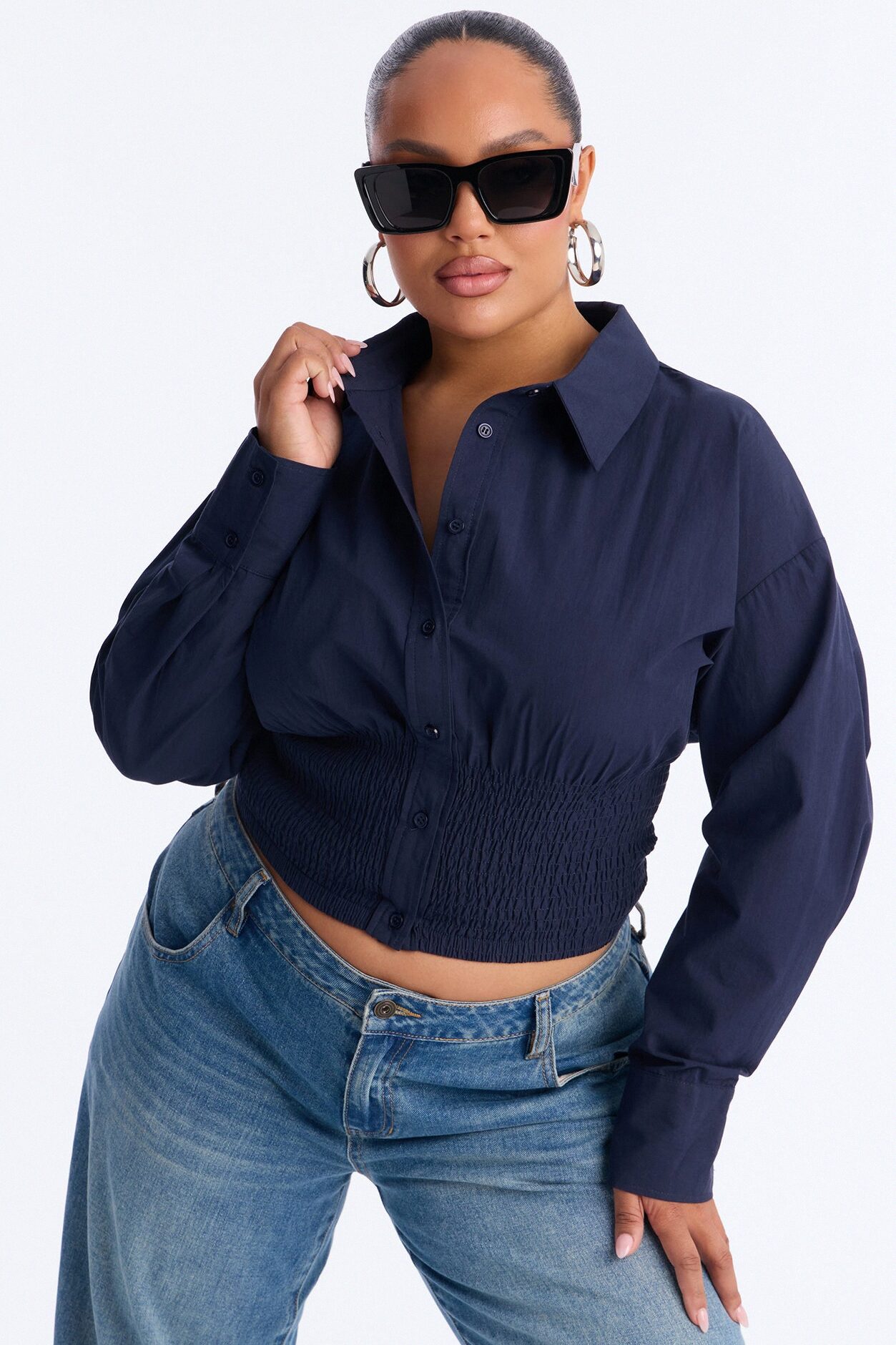 Better Perspective Smocked Poplin Shirt - Navy