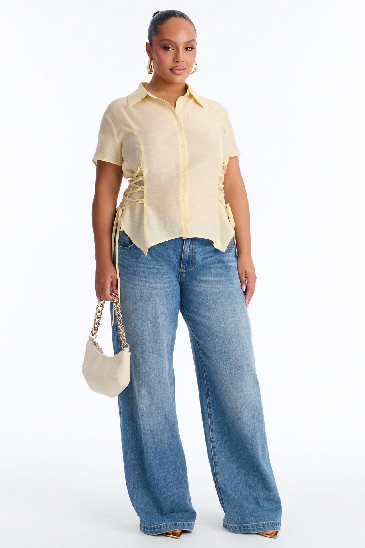 Make It Fun Lace Up Short Sleeve Linen Shirt - Butter Yellow