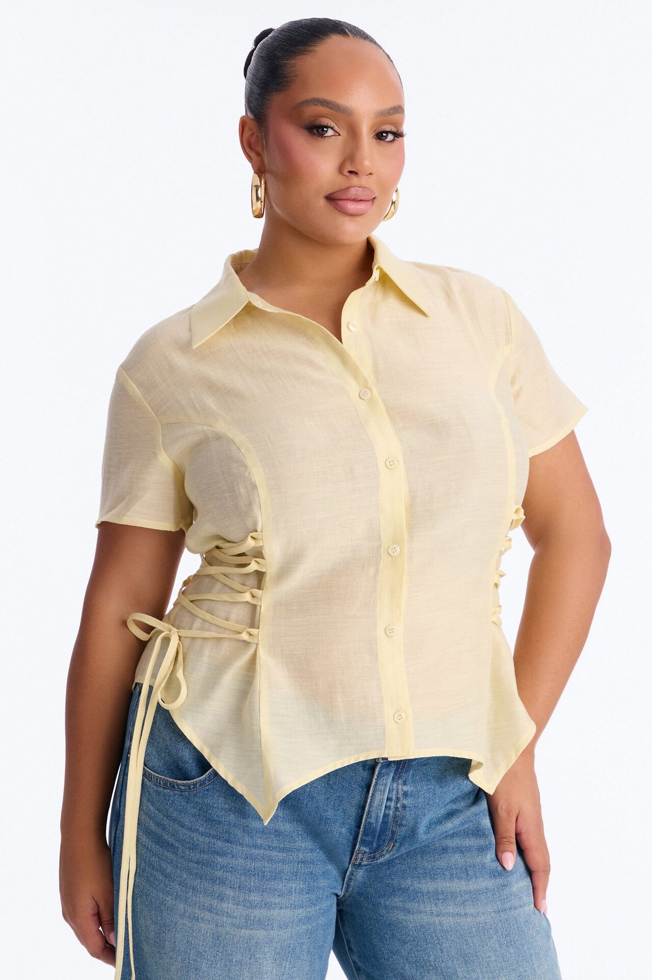 Make It Fun Lace Up Short Sleeve Linen Shirt - Butter Yellow