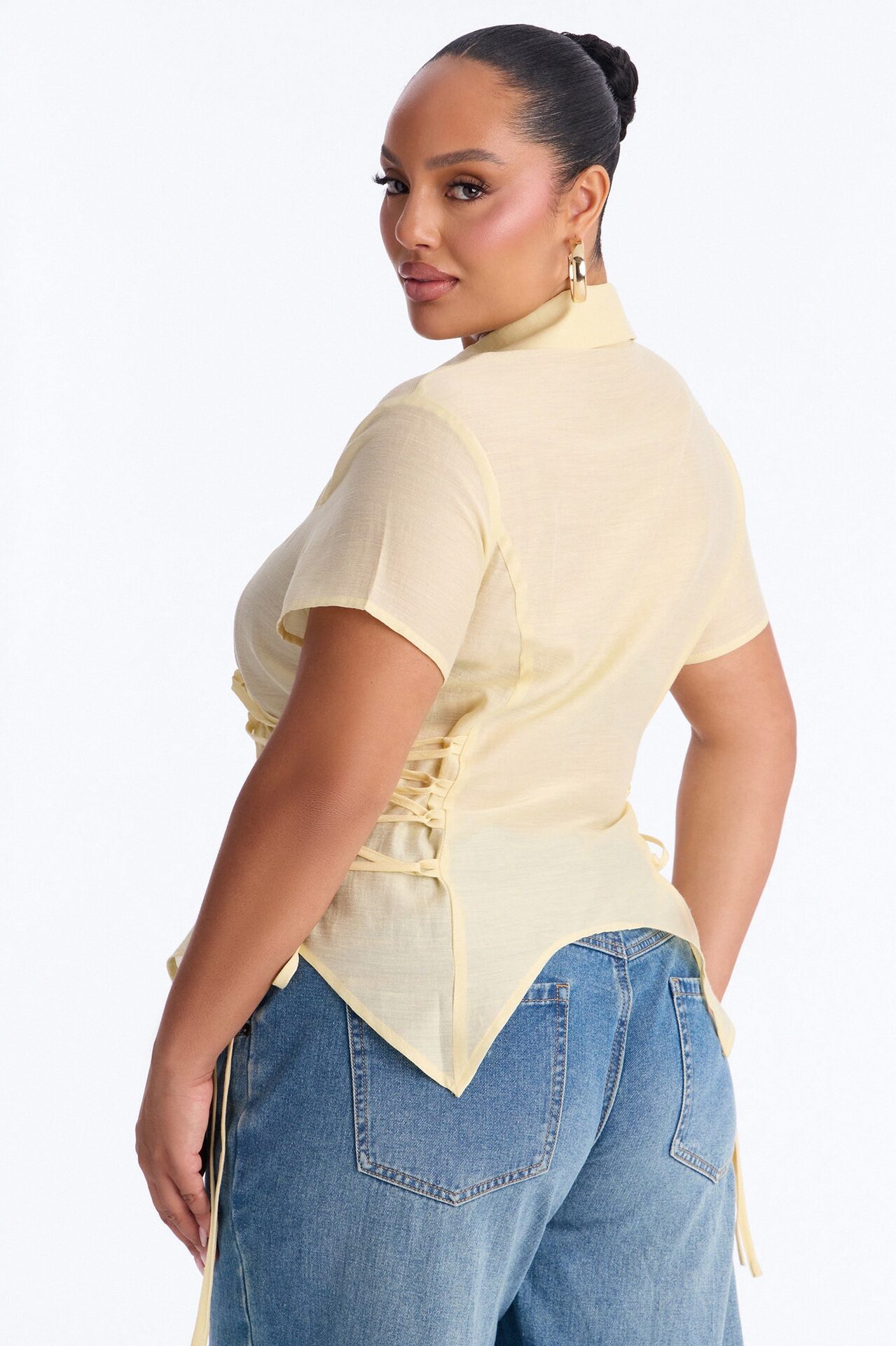 Make It Fun Lace Up Short Sleeve Linen Shirt - Butter Yellow