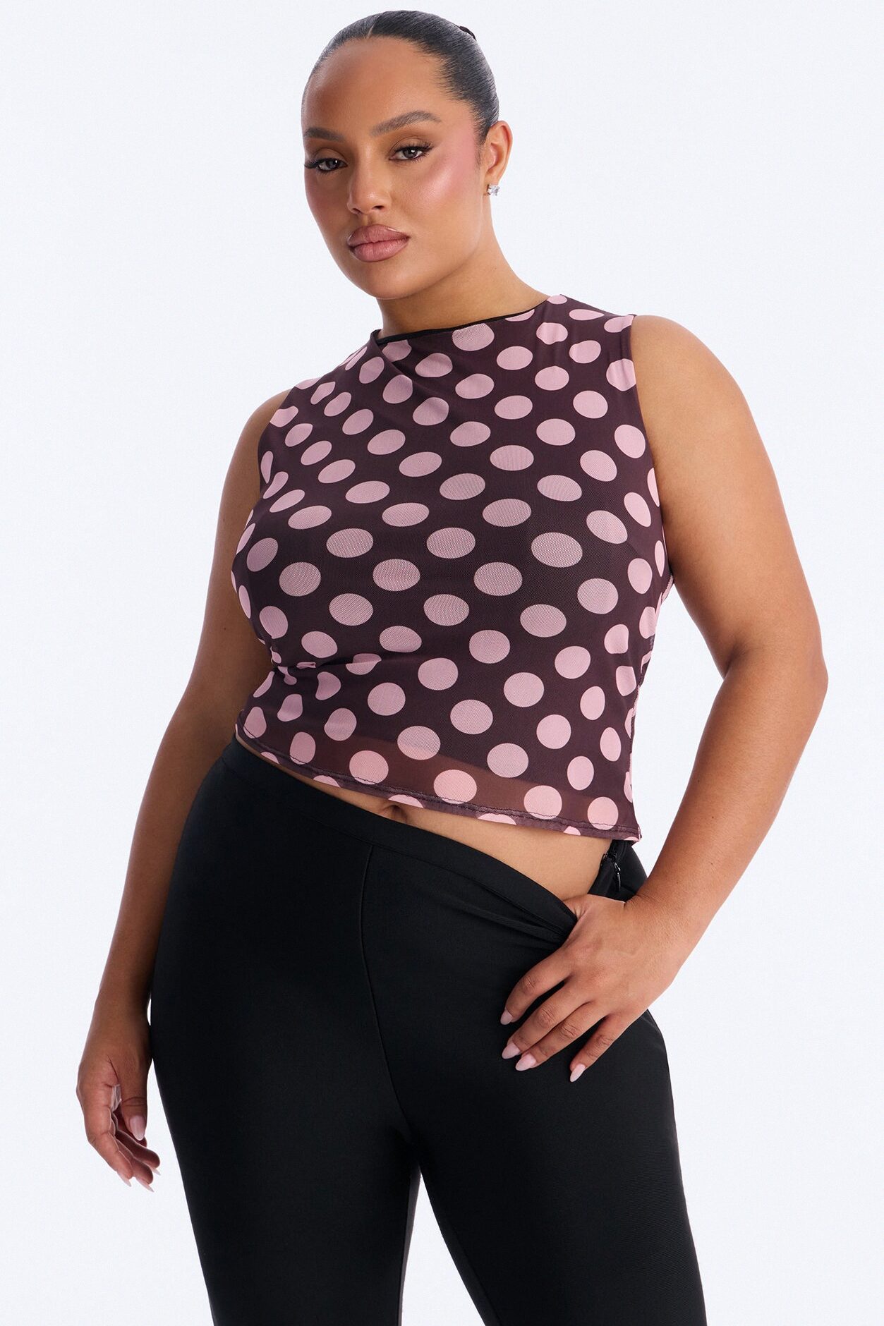 Sabrina Mesh Polka Dot Sleeveless Top - Brown/combo
