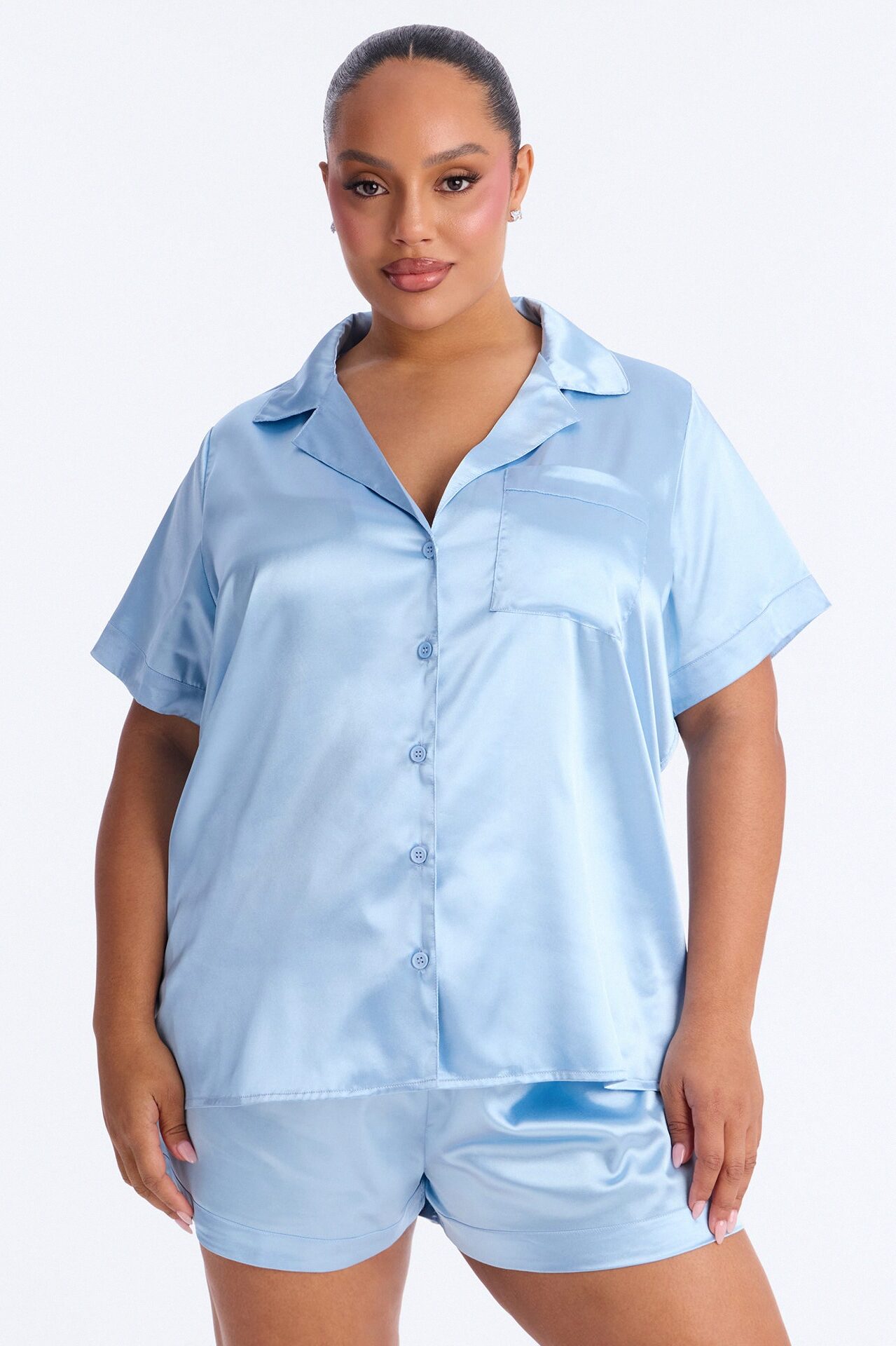 Pillow Fight Stretch Satin PJ Short Set - Light Blue