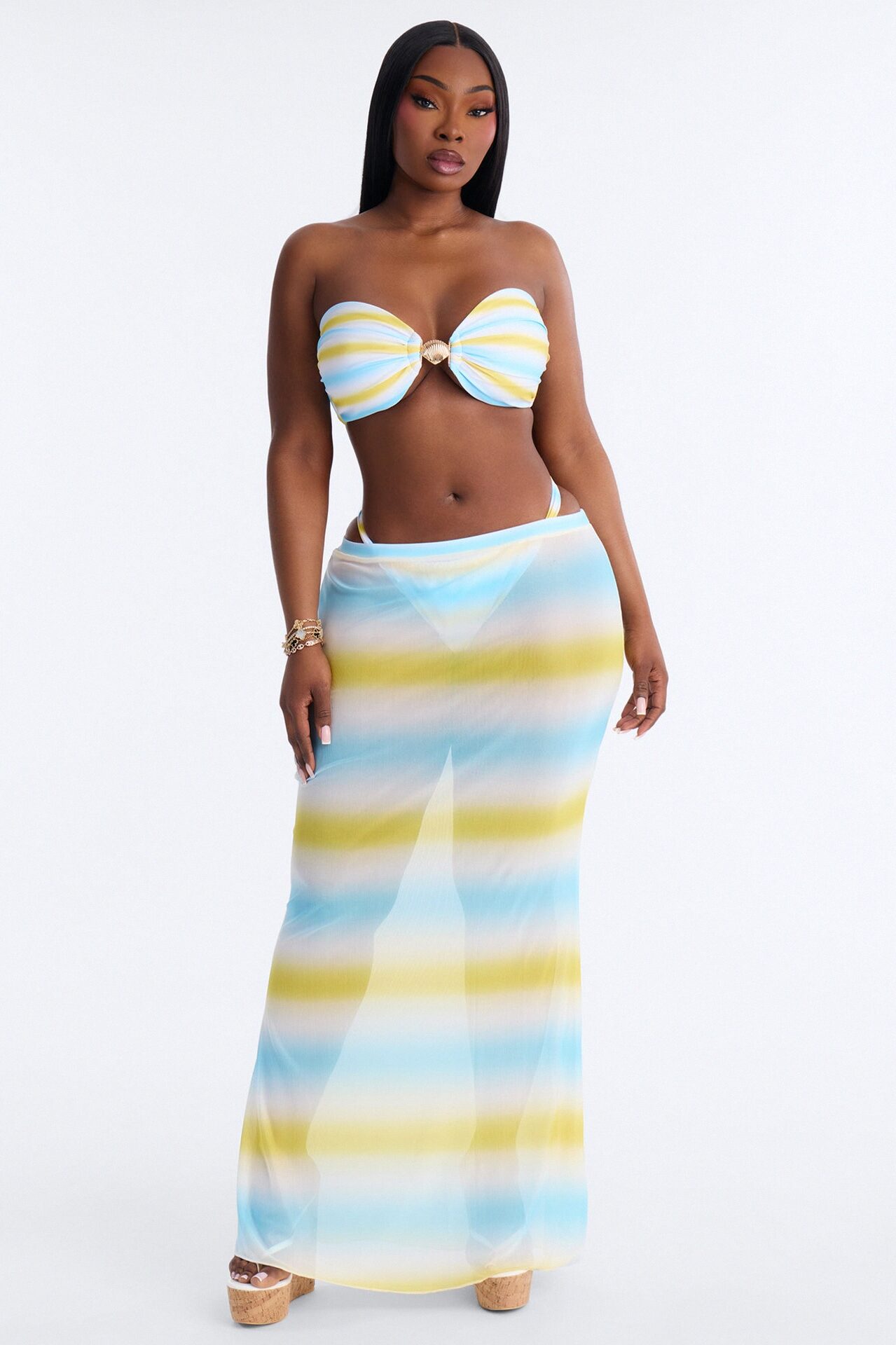 Heats Waves Ombre Hardware 3 Piece Bikini Skirt Set - Yellow/combo
