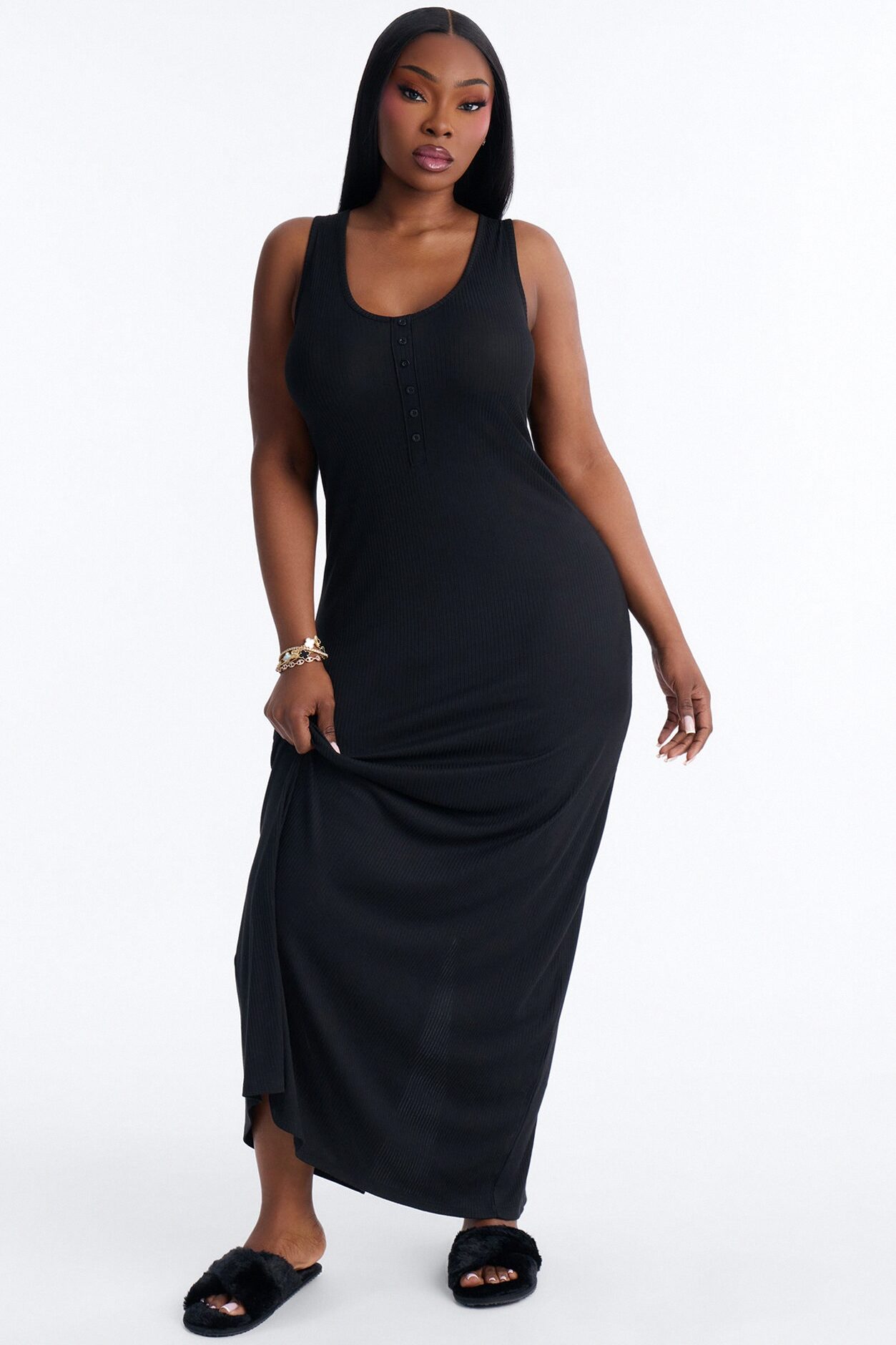 Morning Routine Ribbed Henley Maxi PJ Sleep Dress - Black