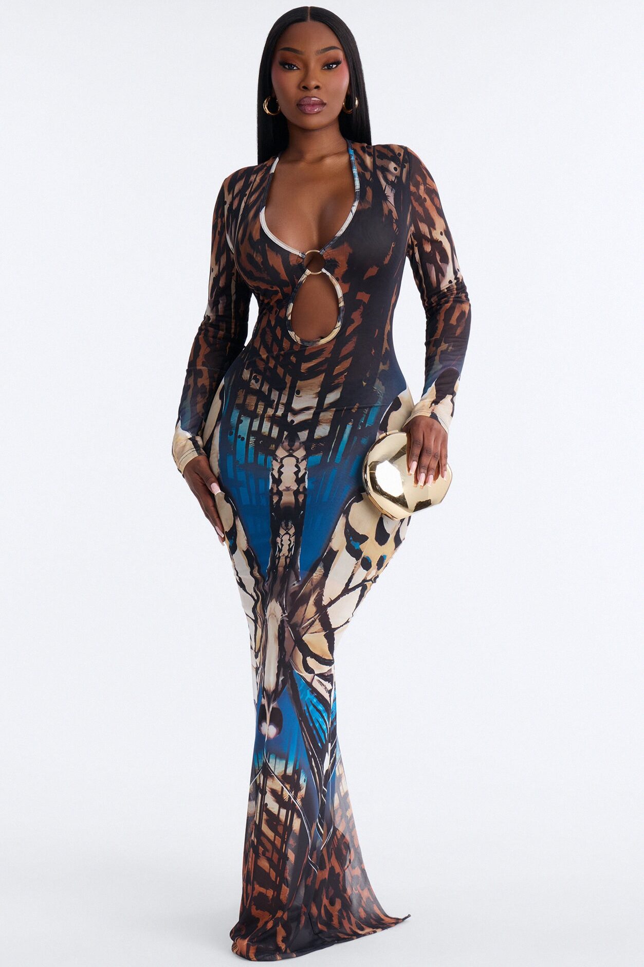 Serena Print Mesh Maxi Dress - Brown/combo