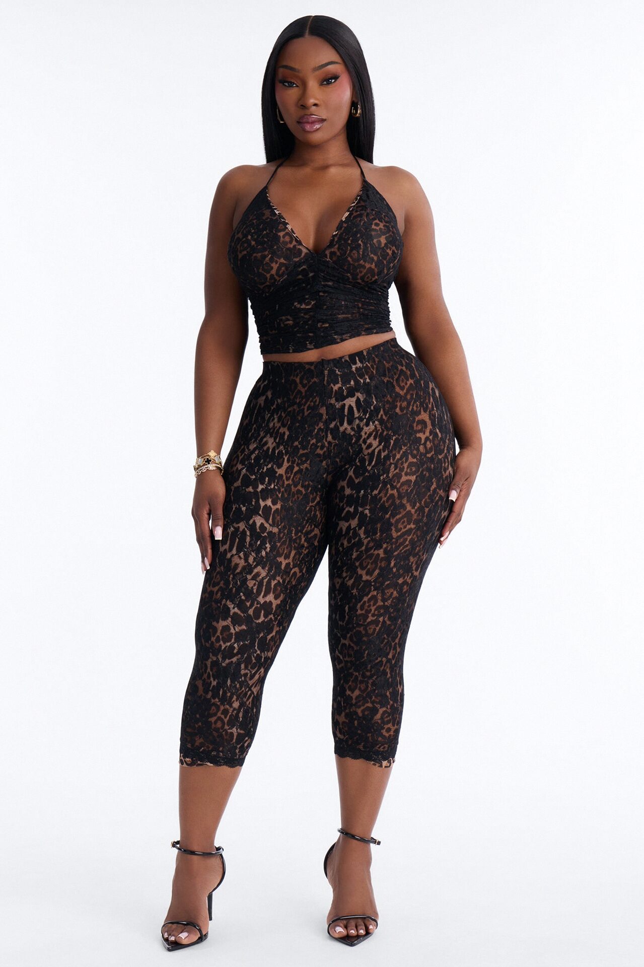 Leora Laced Leopard Capri Set - Black/combo