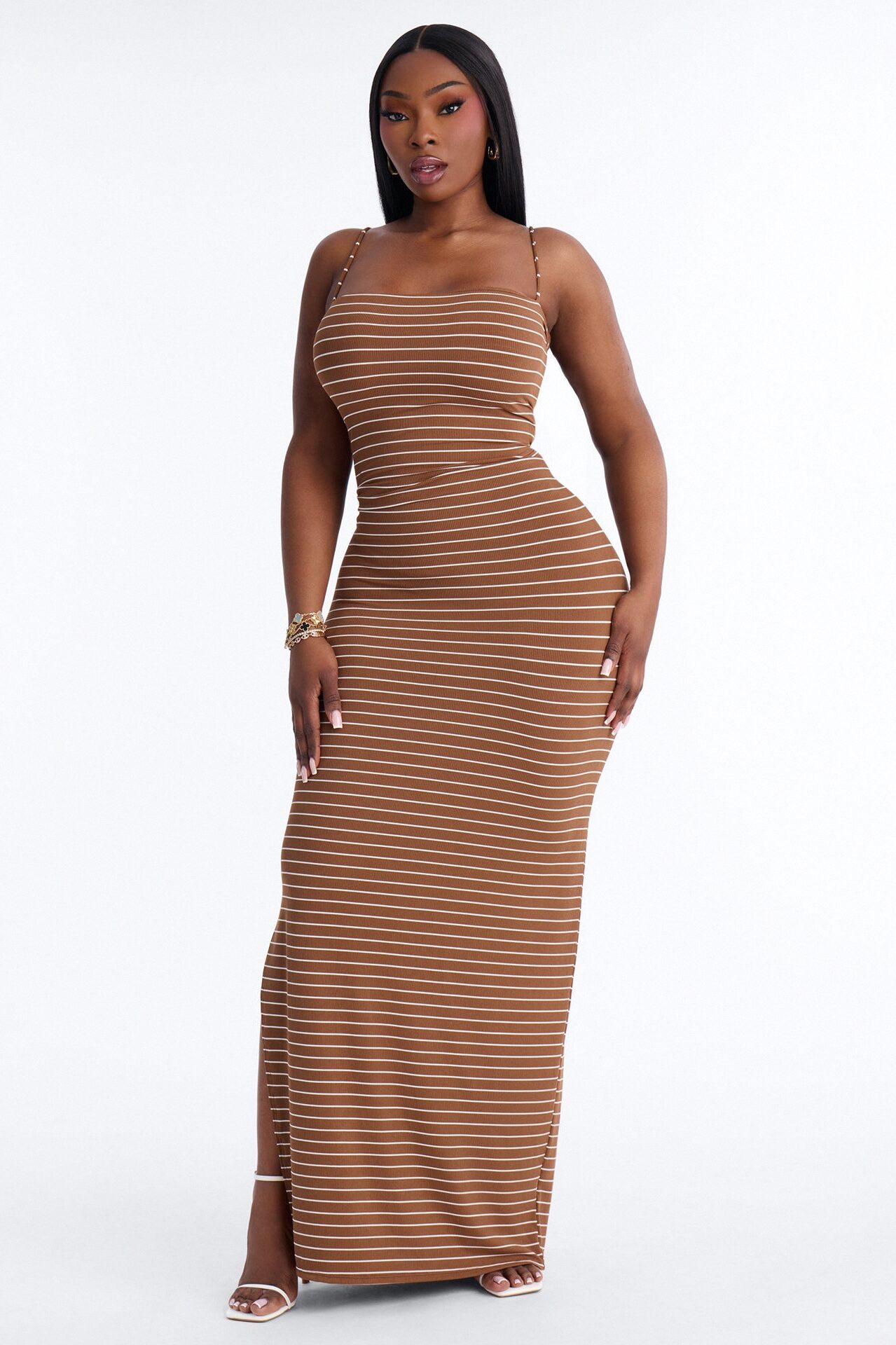 Thea Striped Twist Back Ribbed Maxi Dress - Brown/combo