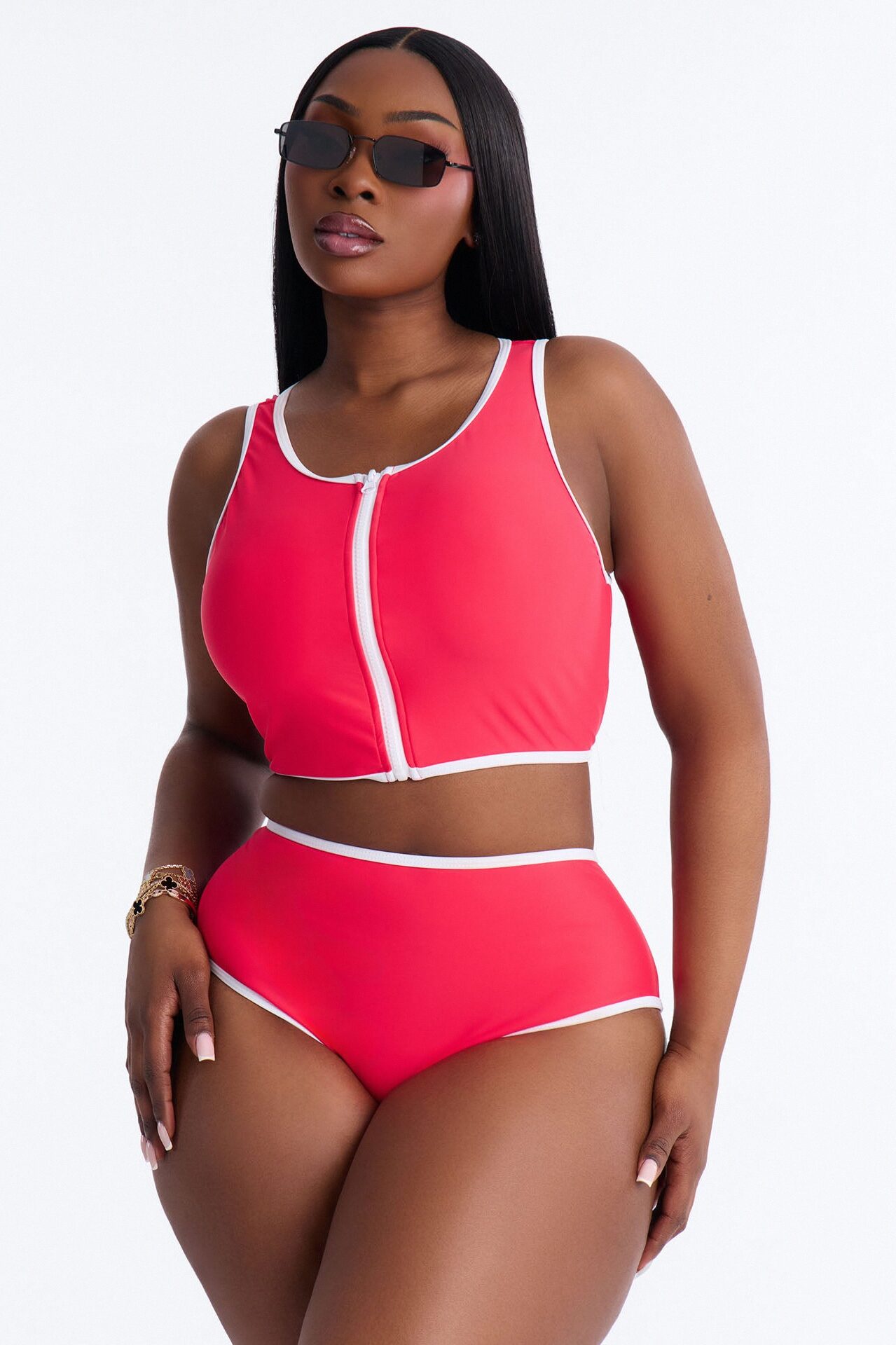 Waves Runner Colorblock Tank High Waist 2 Piece Bikini Bottom - Red/combo