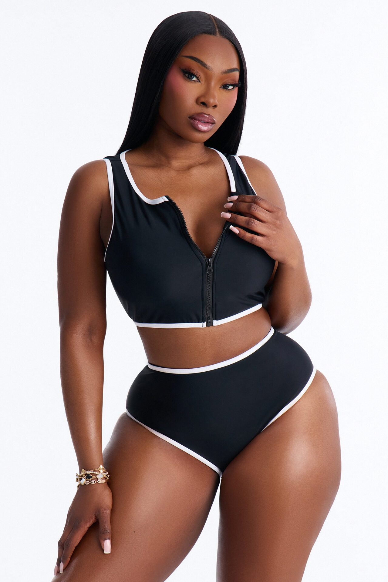Waves Runner Colorblock Tank High Waist 2 Piece Bikini Bottom - Black/White