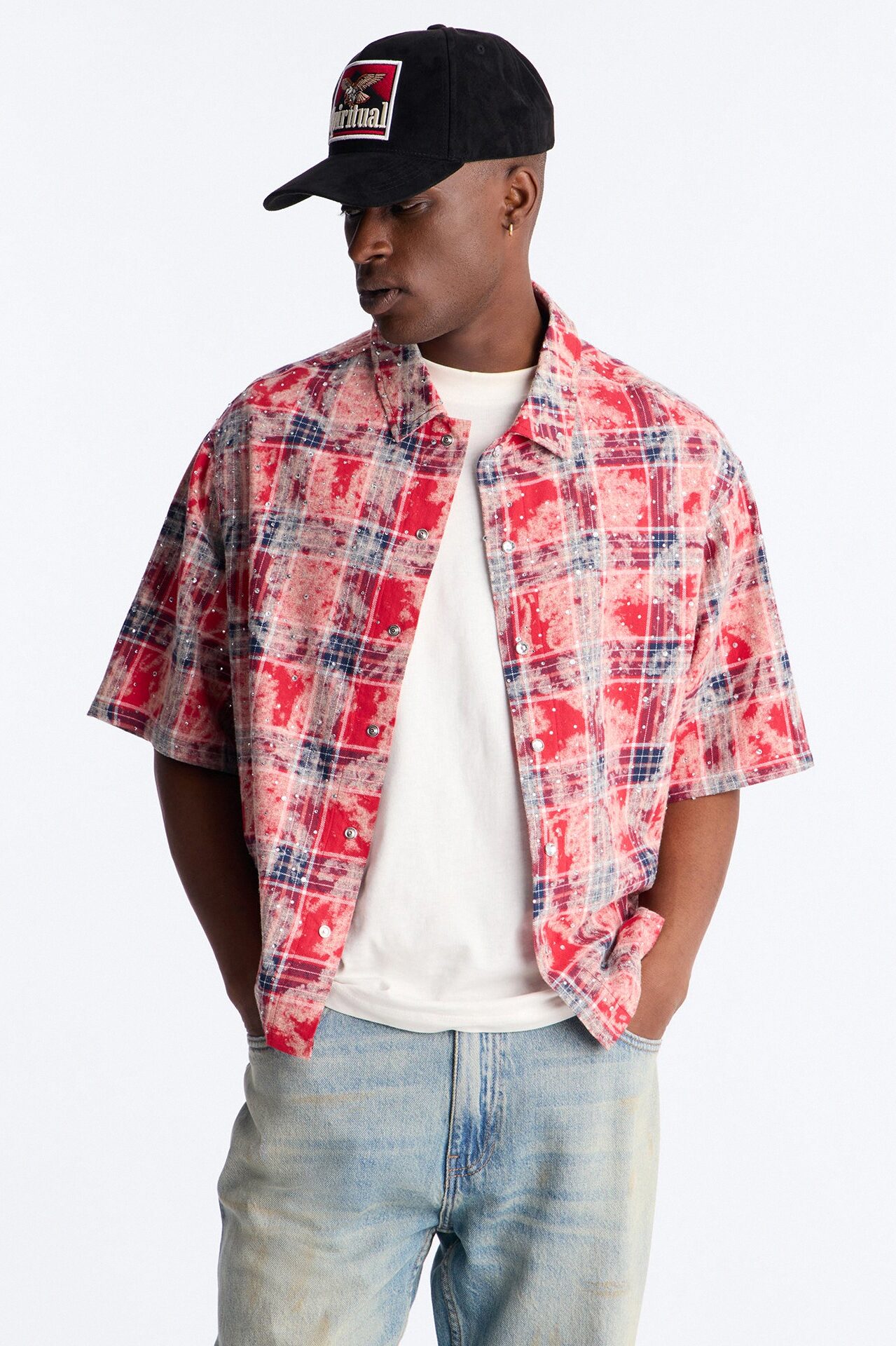 Rhinestone Rain Short Sleeve Plaid Flannel - Red