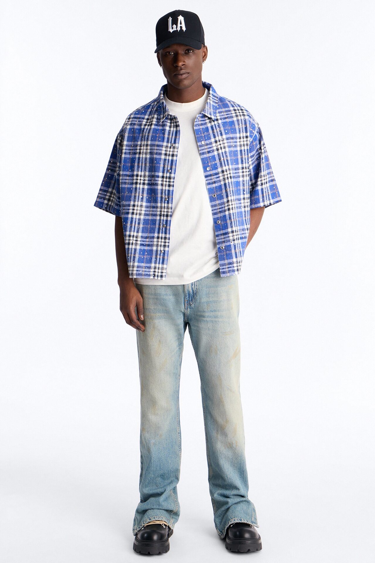 Rhinestone Rain Short Sleeve Plaid Flannel - Royal