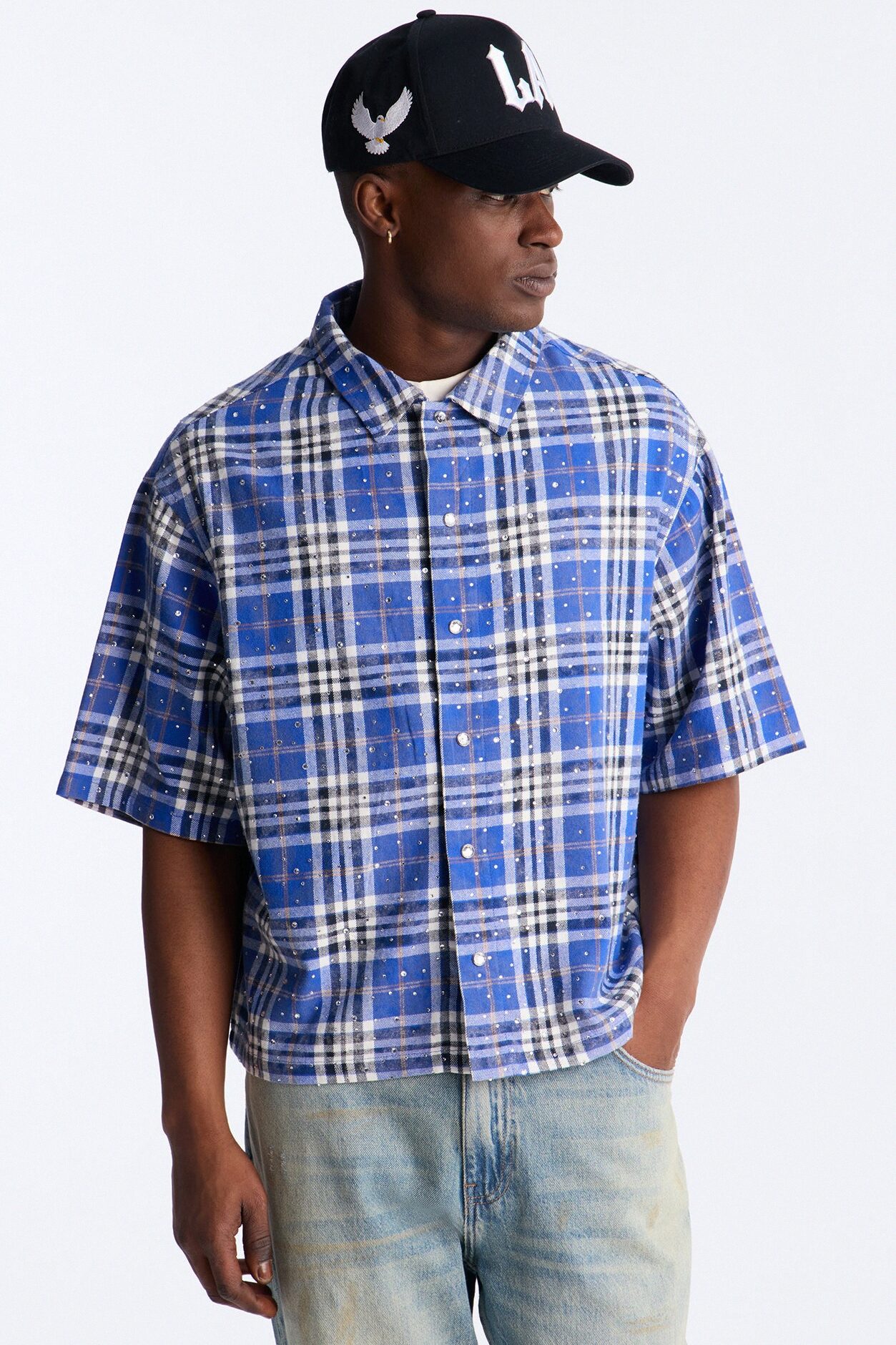 Rhinestone Rain Short Sleeve Plaid Flannel - Royal