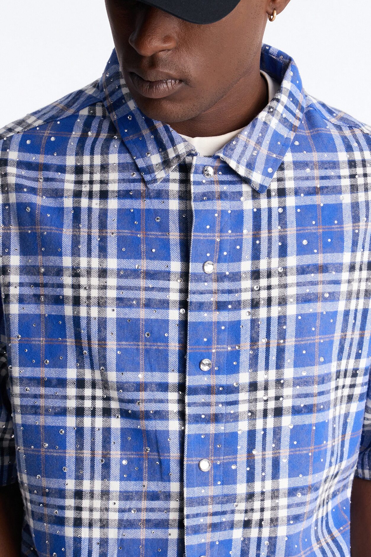 Rhinestone Rain Short Sleeve Plaid Flannel - Royal