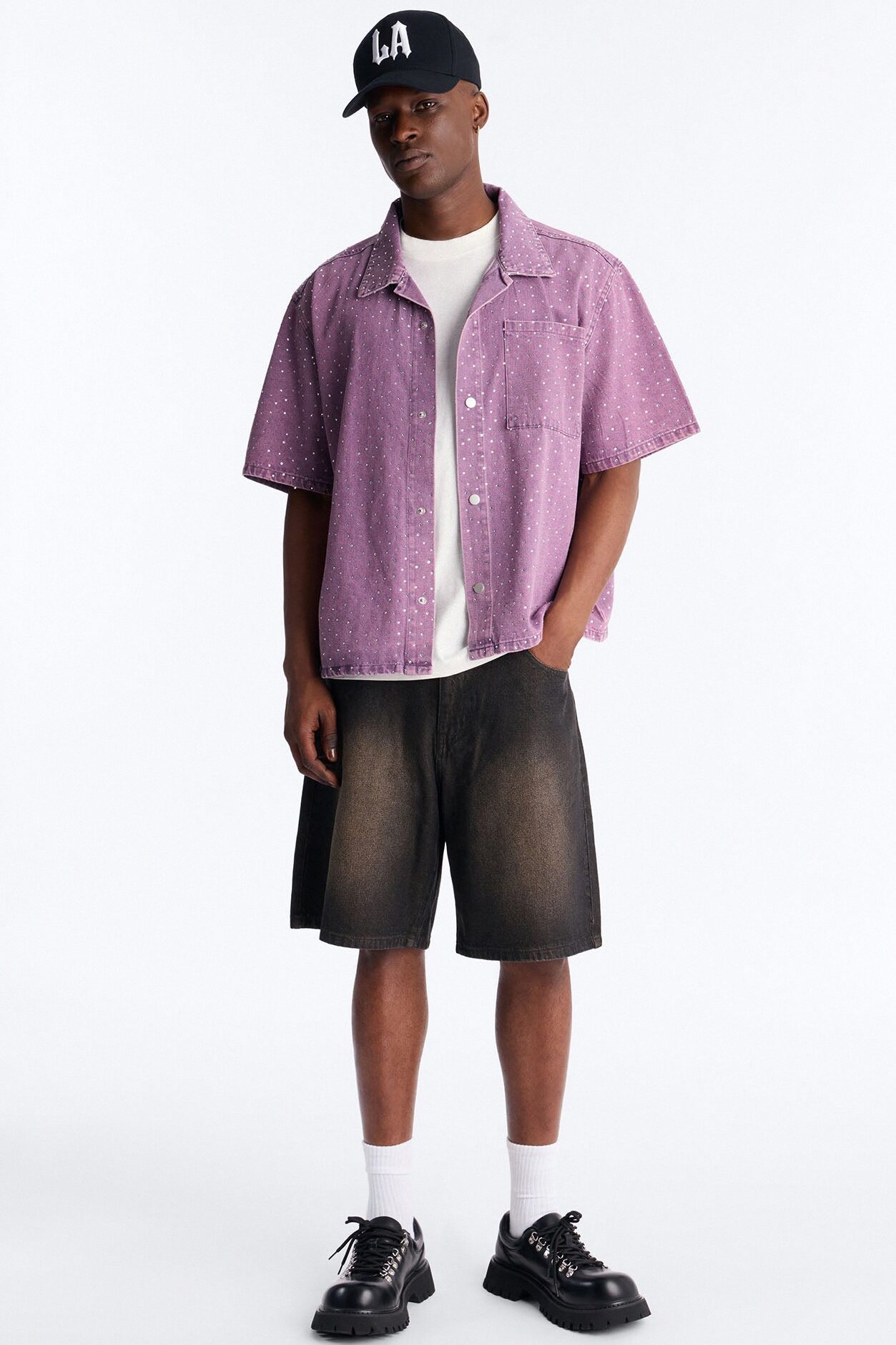 Cropped Embellished Denim Button Up Shirt - Purple