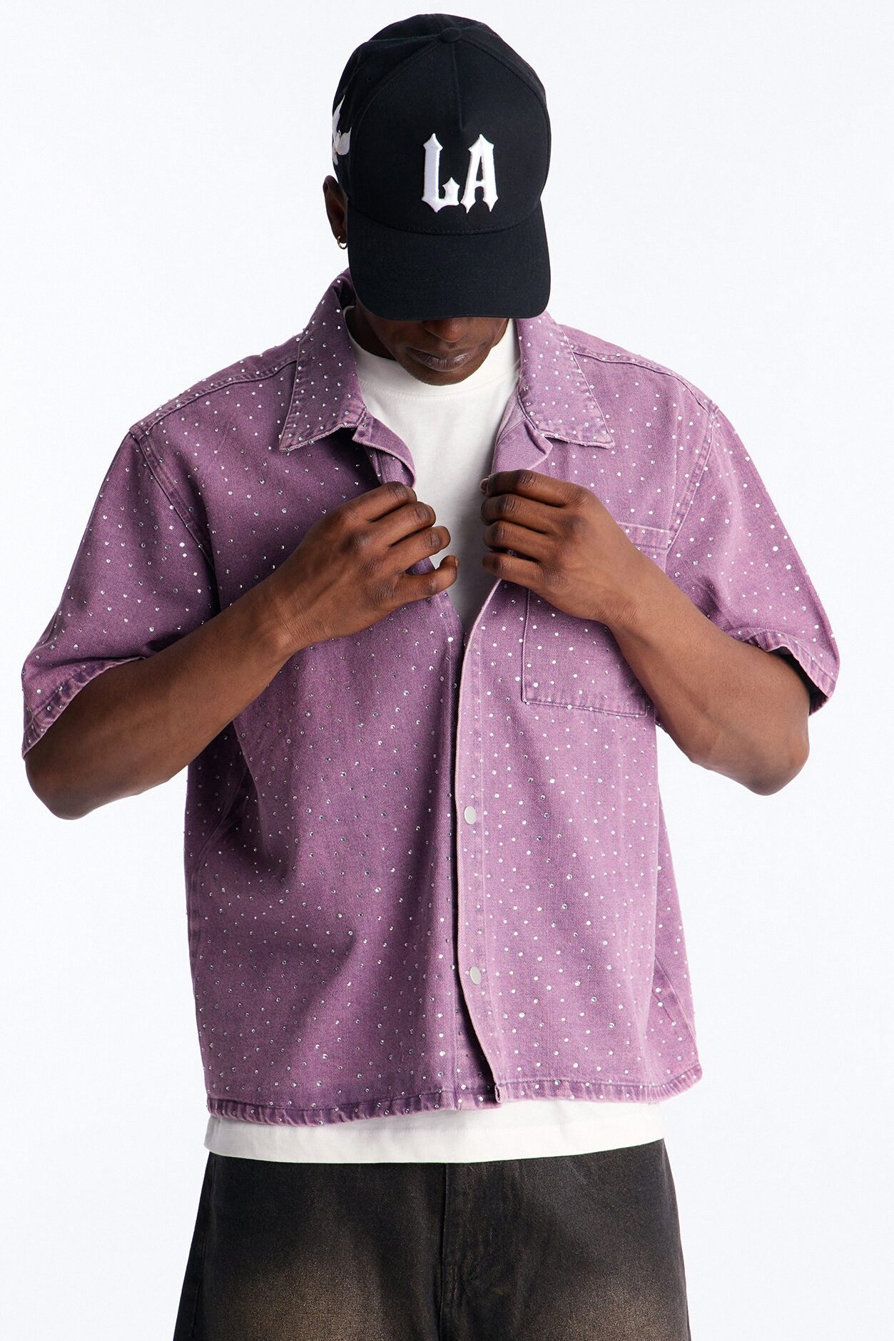 Cropped Embellished Denim Button Up Shirt - Purple