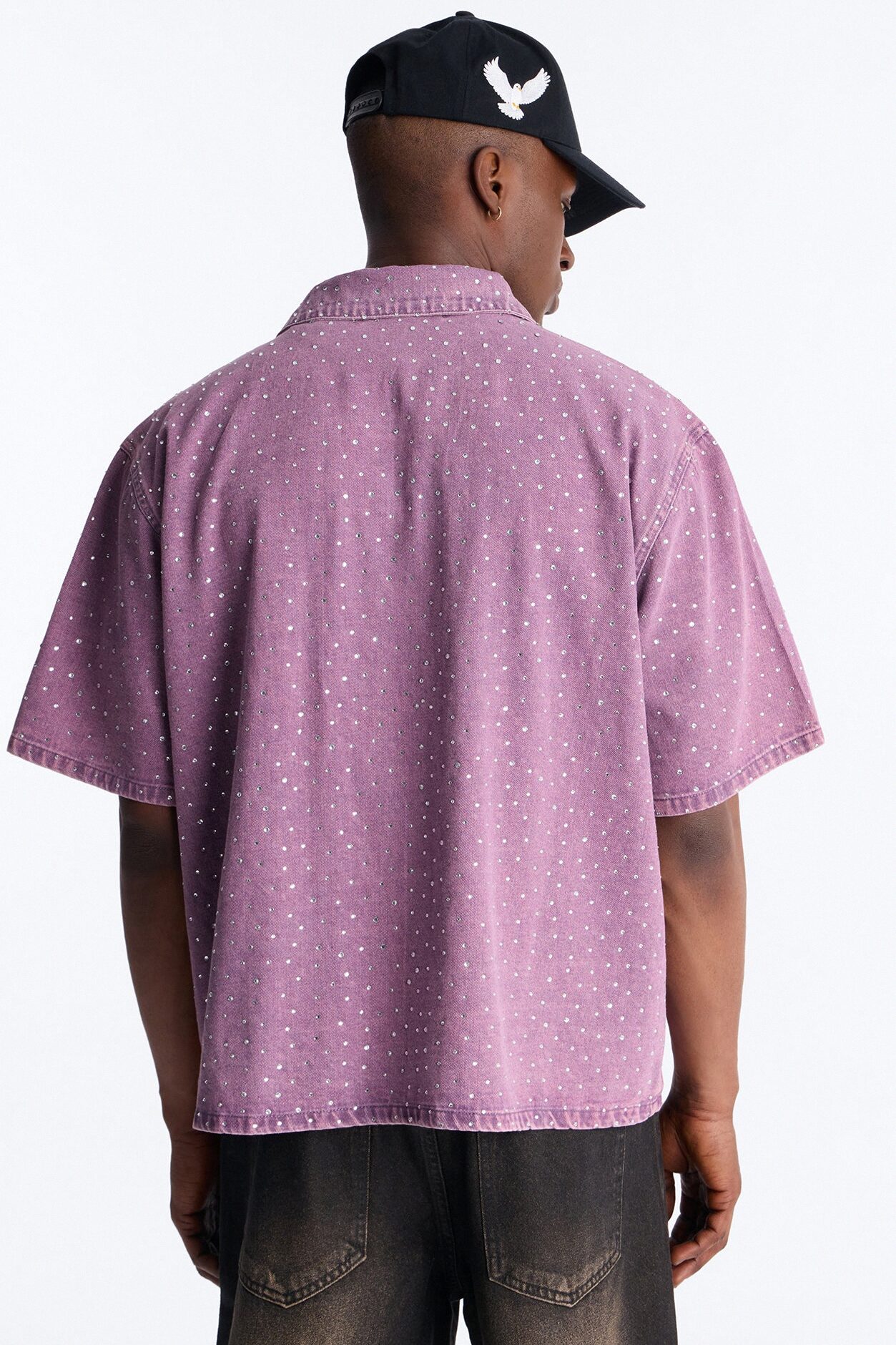 Cropped Embellished Denim Button Up Shirt - Purple