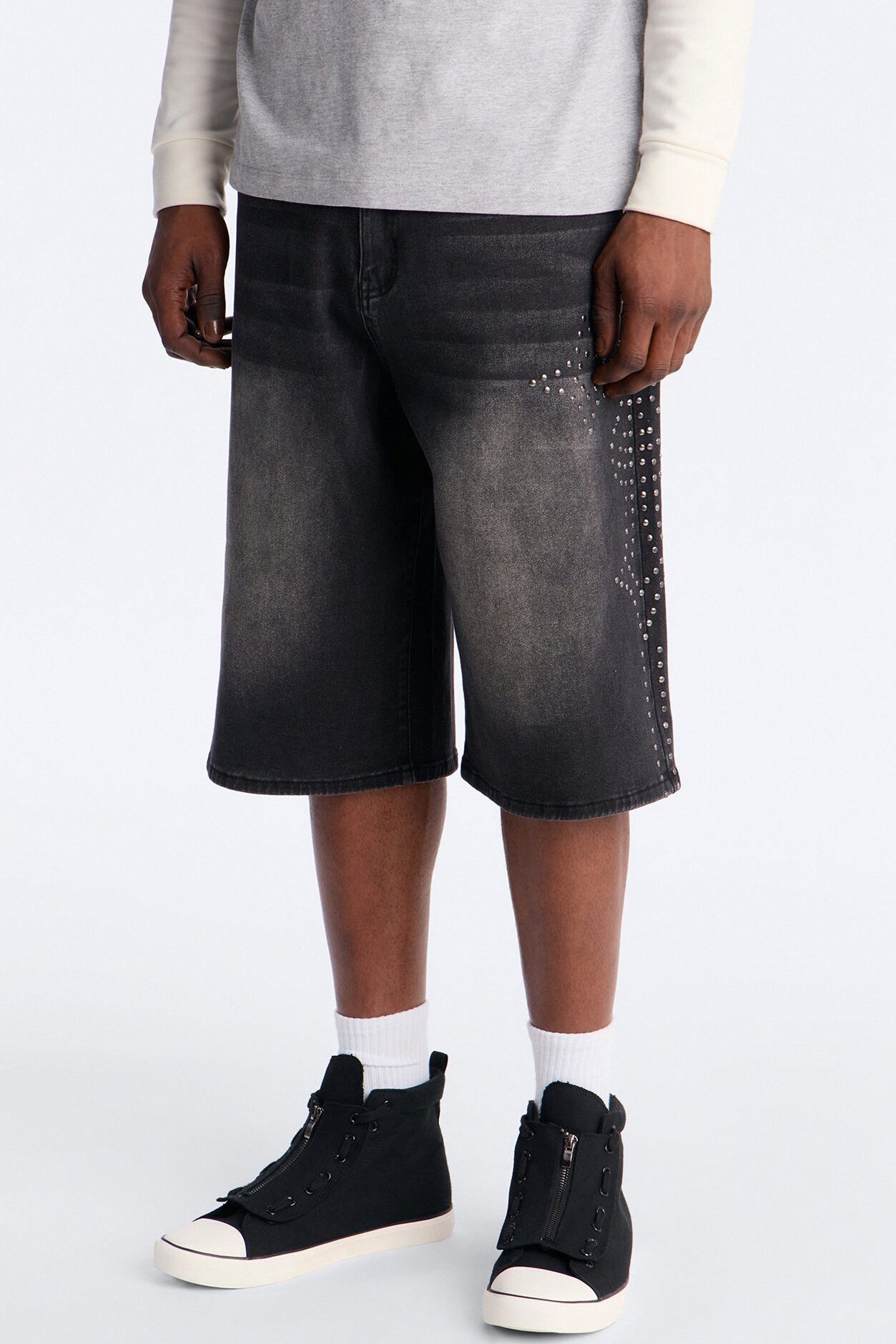 In Denim We Trust Baggy Studded Denim Short - Black Wash